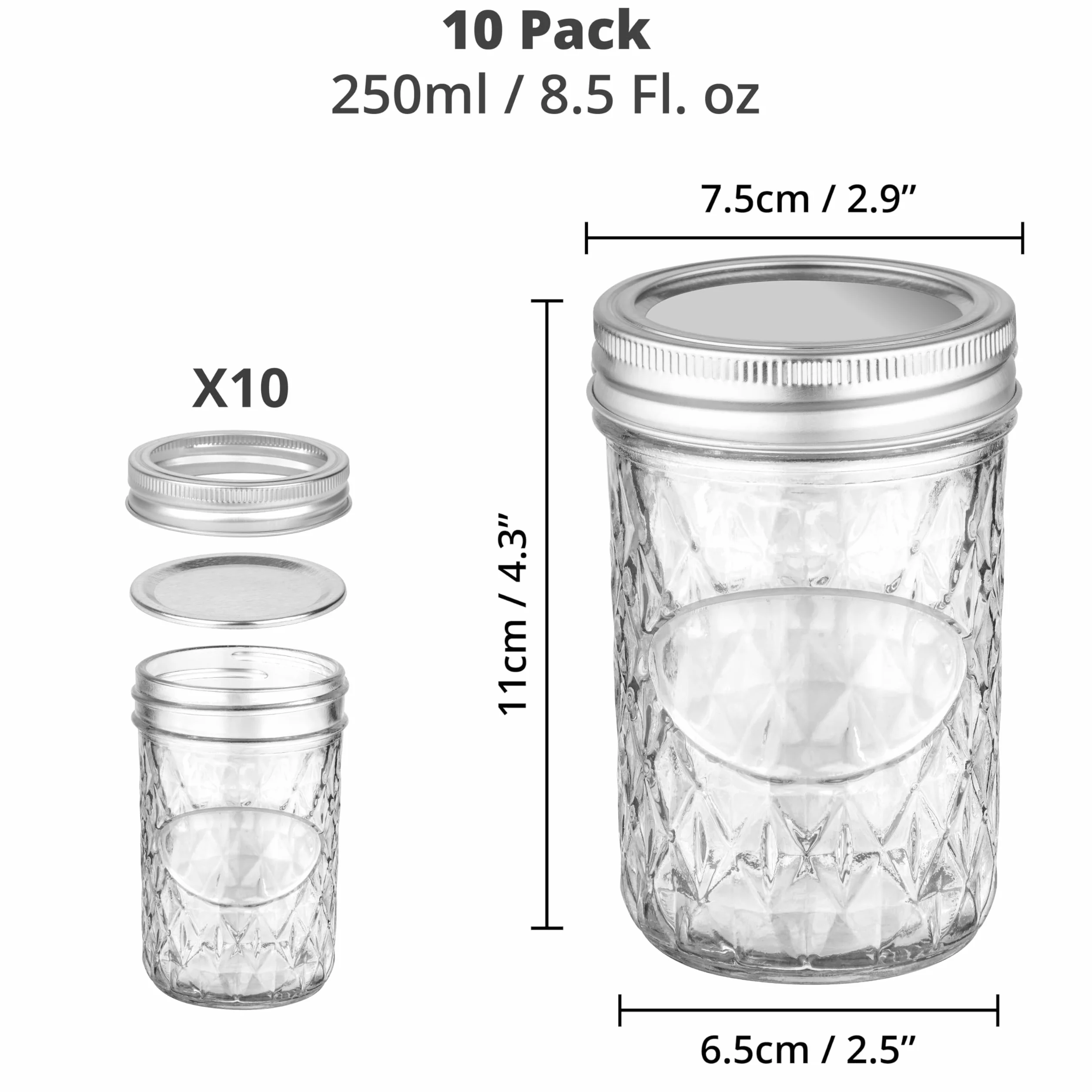 Winter Shore Szklane słoiki 250ml z pokrywkami [10 szt.] - Do przetworów, przypraw, dżemu, miodu, jogurtu, owsianki - Srebrne szczelne pokrywki - Do zamrażania, fermentacji, kiszenia
