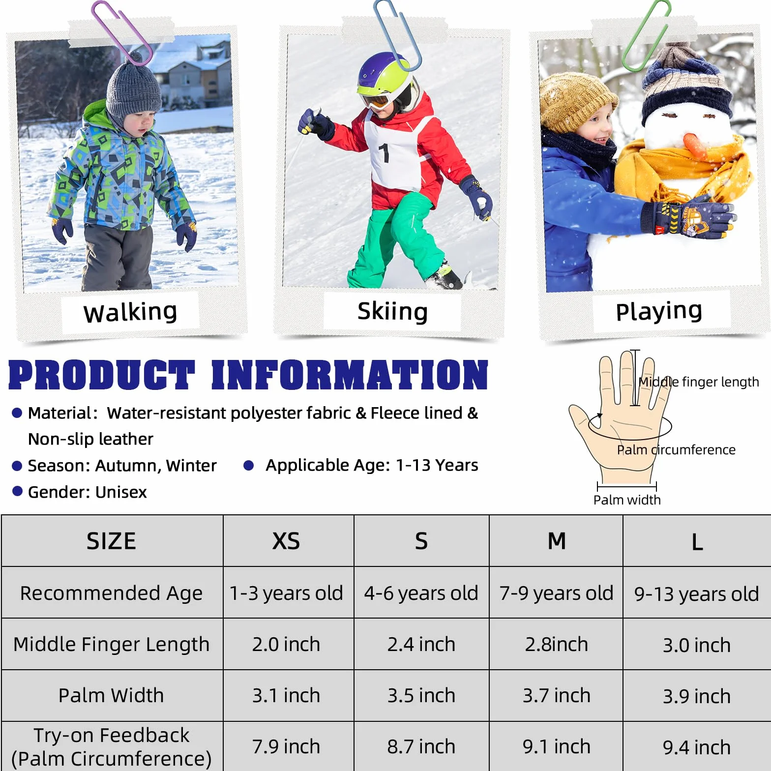 QKURT Dziecięce rękawice narciarskie, wodoodporne zimowe rękawiczki narciarskie, rękawiczki narciarskie Bulldozers, dziecięce rękawiczki narciarskie do sań snowboardowych dla dziewczynek i chłopców w