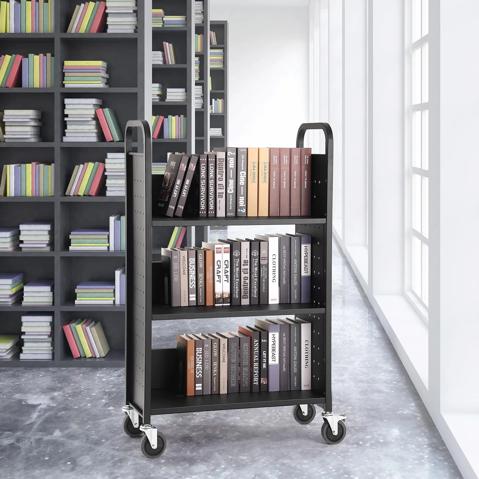 VEVOR Wózek na książki, wózek biblioteczny 150 kg, 79 cm x 38 cm x 125 cm, jednostronne płaskie półki w kształcie litery L z zamykanymi kółkami na półki domowe, do biura i szkoły, w kolorze czarnym