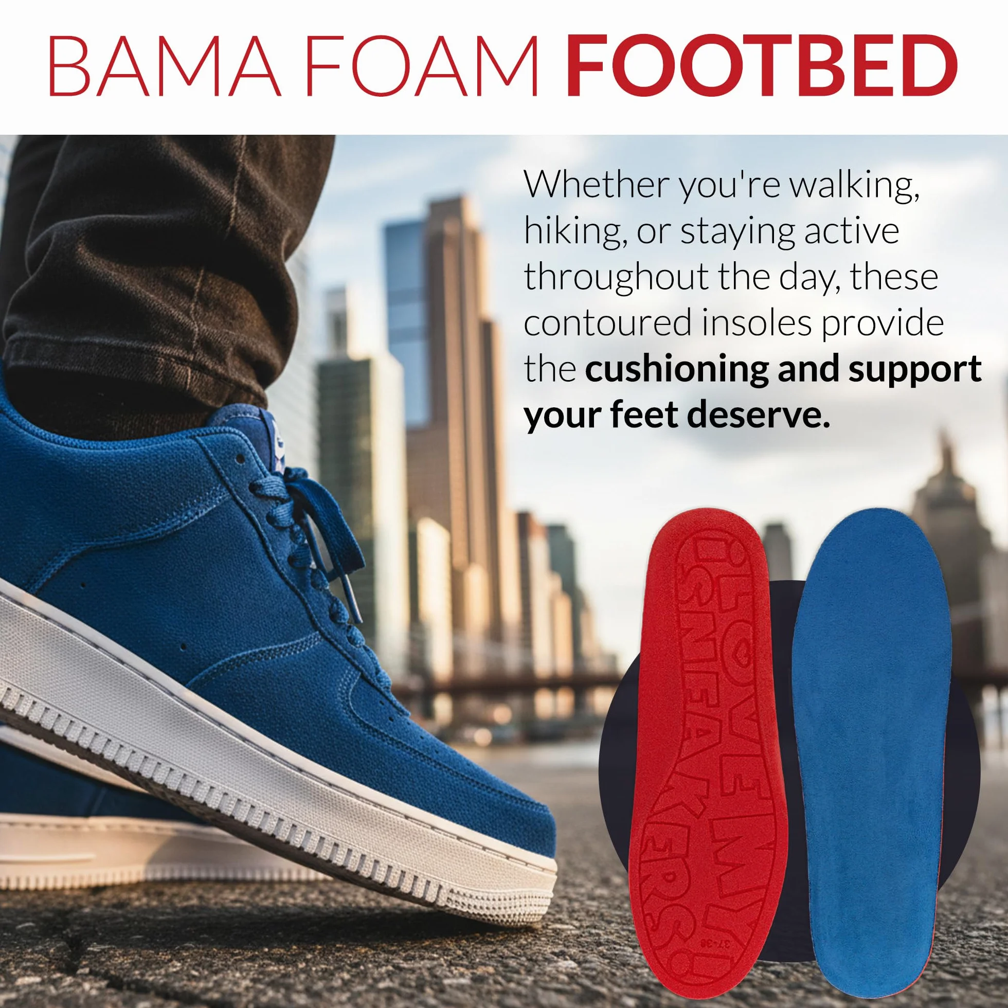 Wkładki do Butów Bama Foam Footbed - Wygodne Wkładki do Butów Sportowych, Trampek i Butów Codziennych Oddychające z Dodatkową Pianką Amortyzującą 1 Para - 41/42 EUR