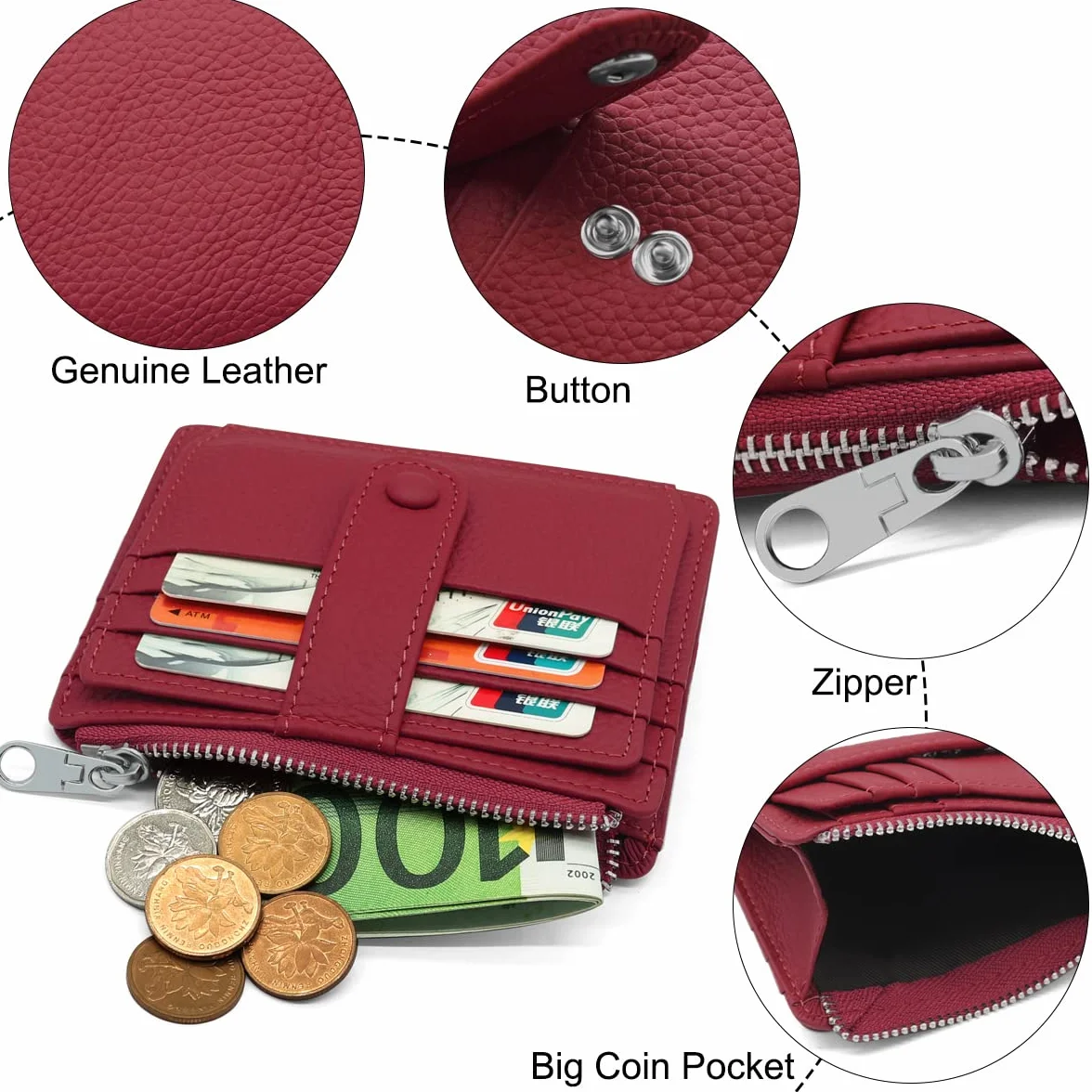 REETEE Portfel damski i męski, mały, z prawdziwej skóry, etui na karty, ochrona RFID, kieszeń na monety, 14 przegródek na karty, Slim Wallet na prezent, czerwony (Weinrot), M, minimalizm