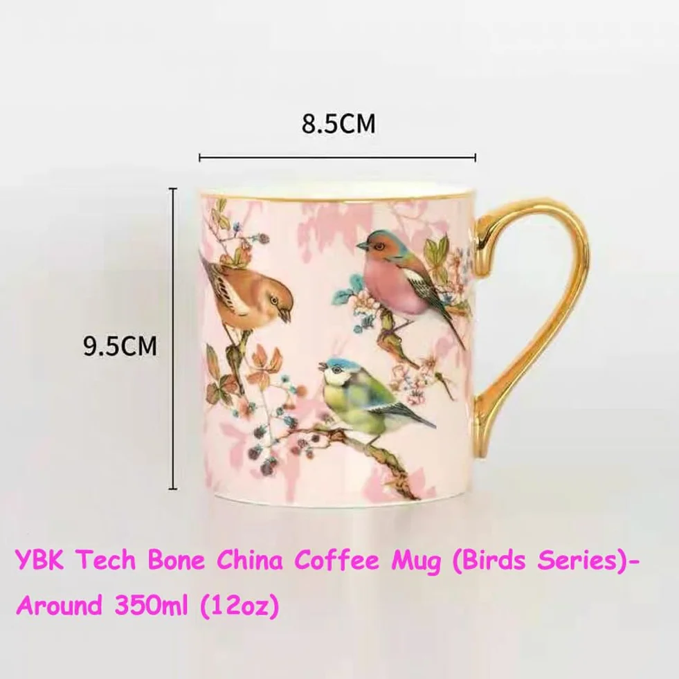 YBK Tech Porcelanowa Filiżanka do Herbaty z Porcelany Kostnej, 350 ml Kubek do Kawy - Wzór Ptaków (Różowy)