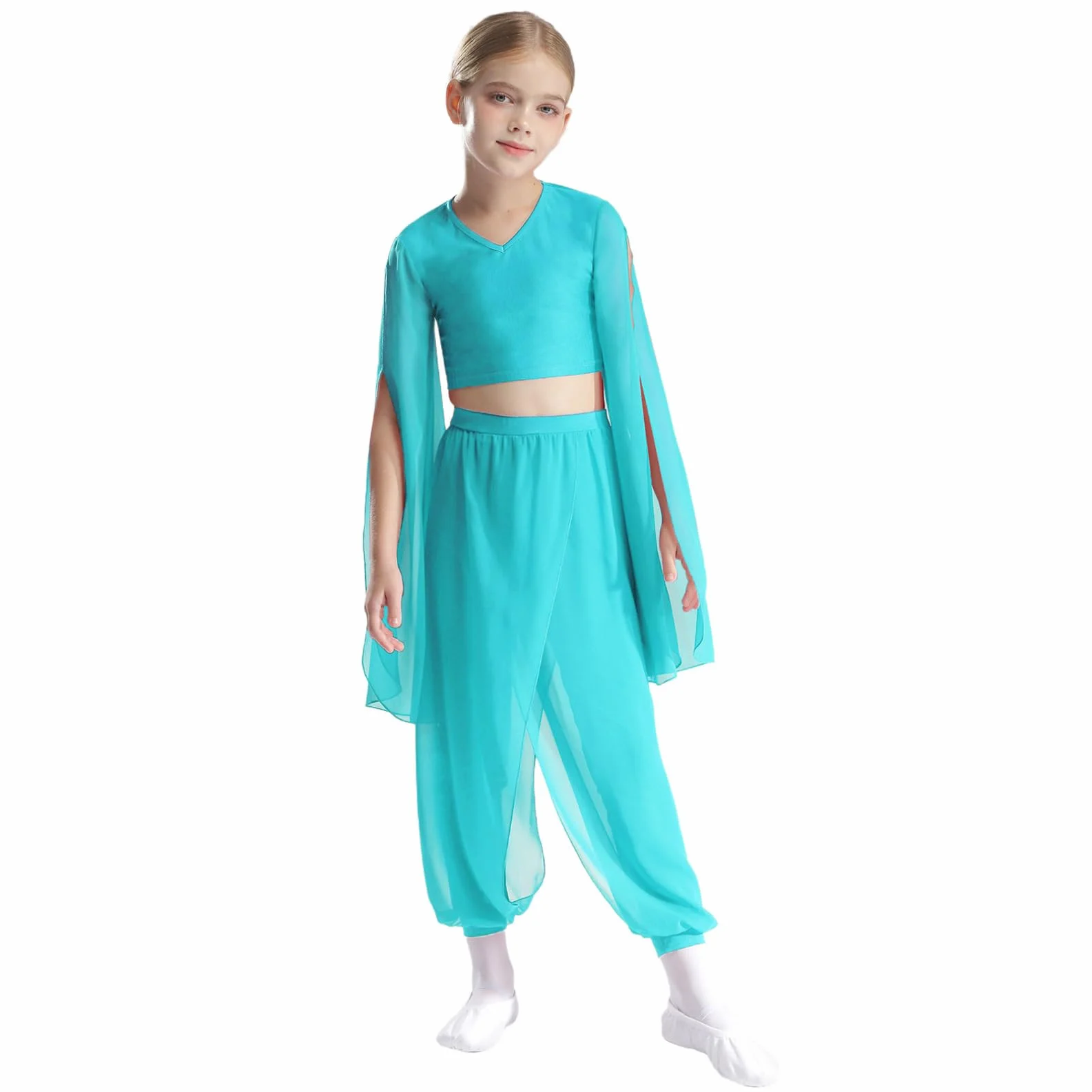 Agoky Dziewczęce koszulki z długim rękawem i długim rękawem, top z rozcięciem + wysoki stan, kwiaty w stylu vintage, retro, spodnie do tańca, szerokie nogawki, spodnie sportowe, odzież do tańca