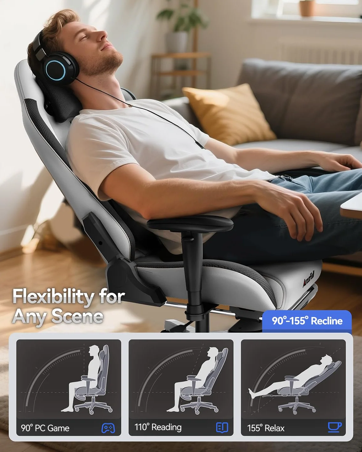 AutoFull C3 Ergonomiczny fotel biurowy z podparciem lędźwiowym 3D, skóra poliuretanowa, szary