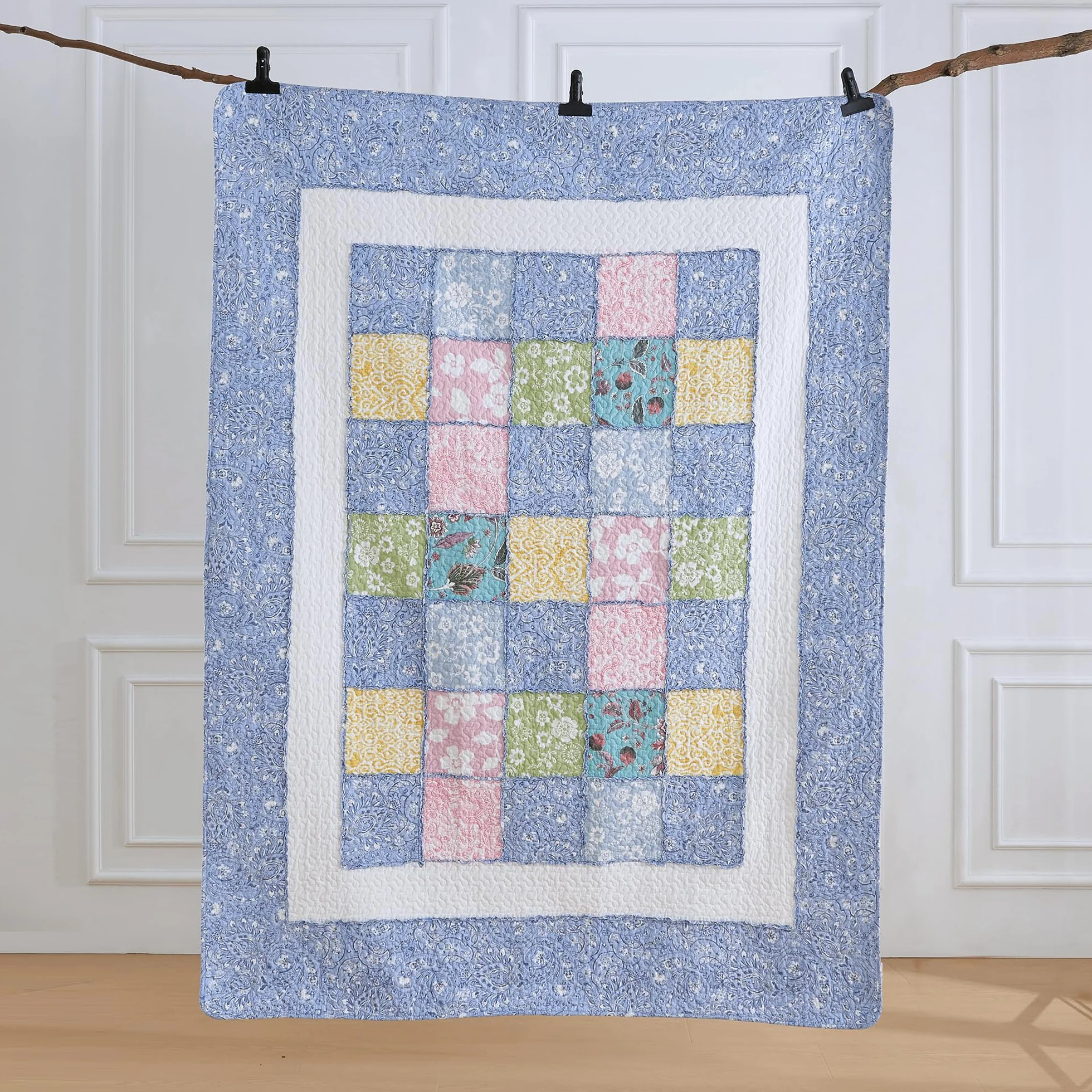 Cozyholy Oryginalna 100% Bawełniana Patchworkowa Kołdra Podwójna Niebieska Paisley Kwiatowa Narzuta Dwustronna Vintage Shabby Chic Pikowana na Kanapę Sofę