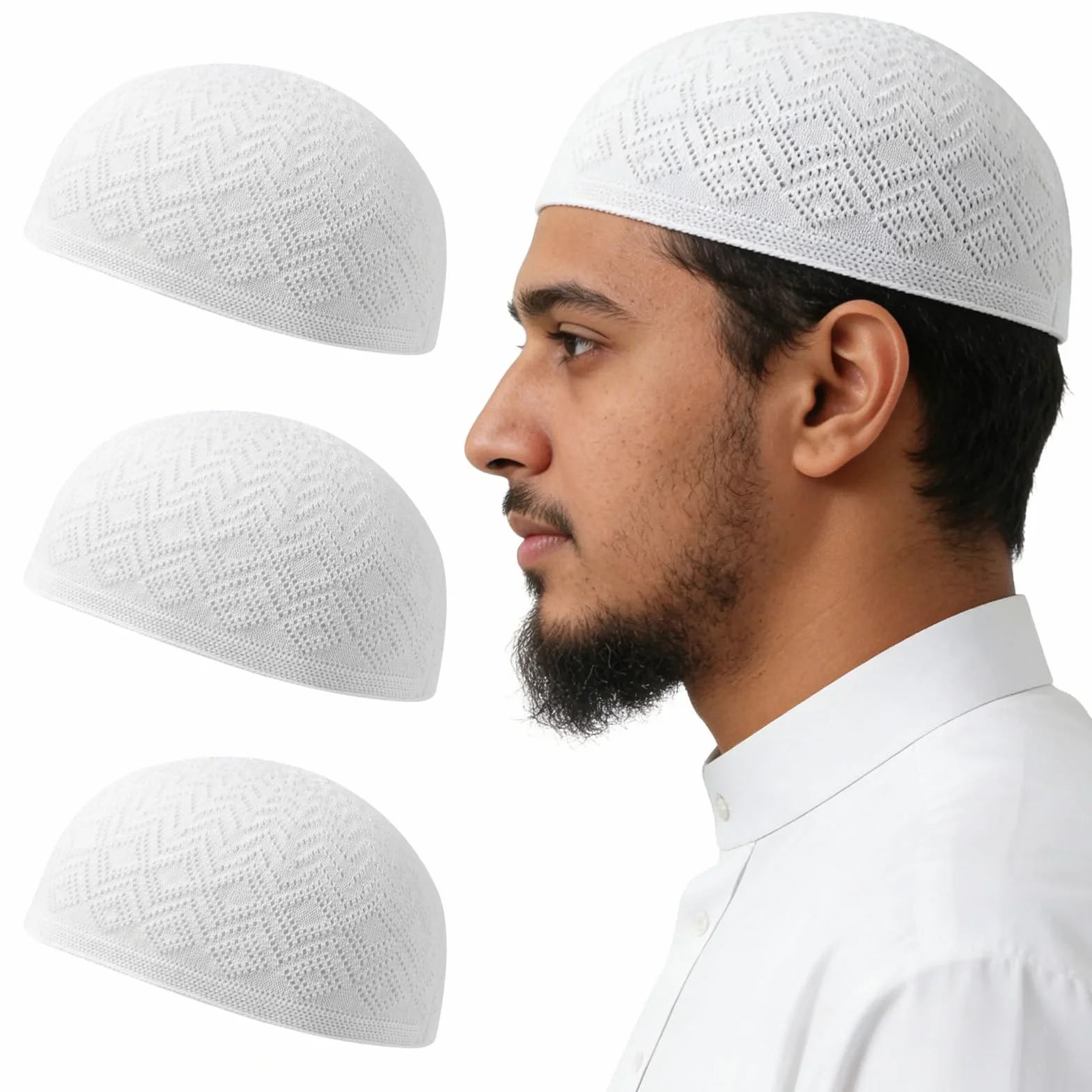 Muzułmańska czapka męska Kufi 3 sztuki bawełna biała obwód głowy 55-59 cm taqiyah Kufi Cap kwadratowy wzór lekka oddychająca