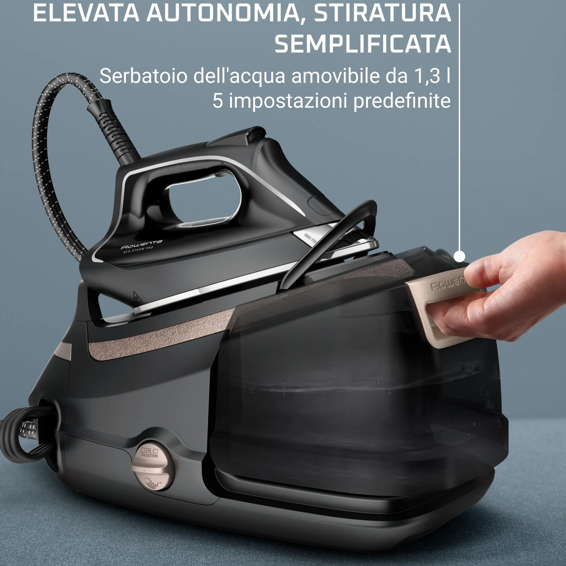 Rowenta Eco Steam Pro stacja parowa 2800 W 580 g/min uderzenie pary 150 g/min ciągłe wytwarzanie pary EcoDesign tryb Eco 5 ustawień czarny beżowy DG9640F0