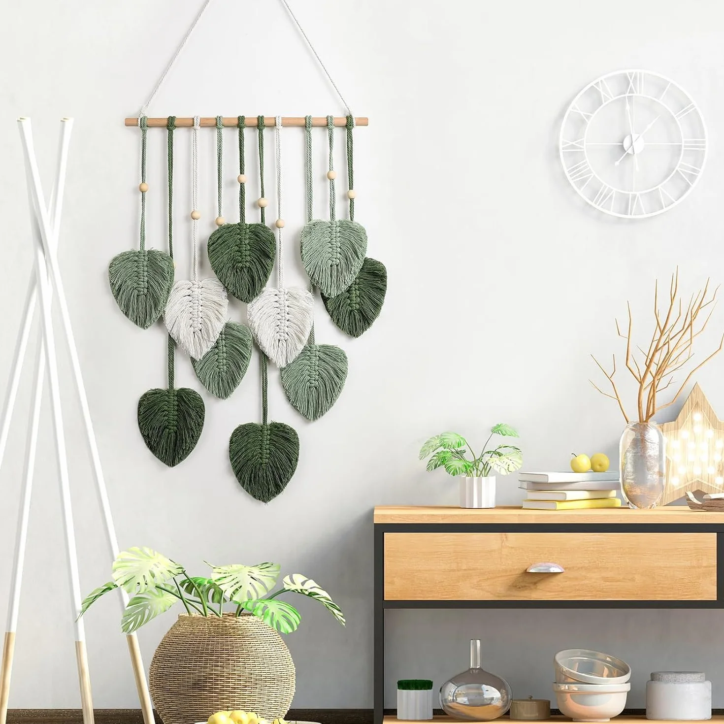 Comius Sharp Macrame Wall Hanging Boho Decor, Leaf Tapestry, Woven Tassels, 40 x 90 cm, Zielony