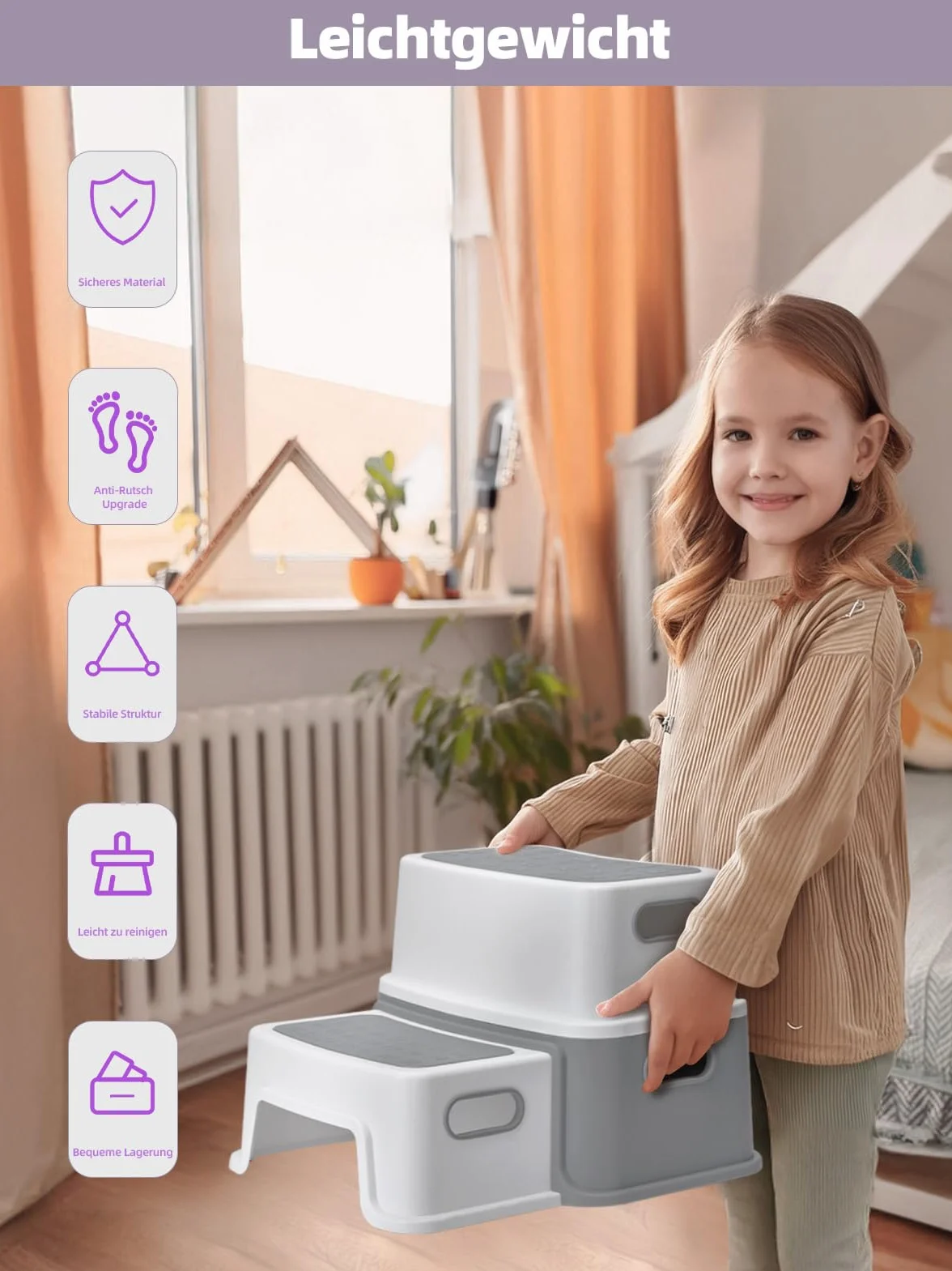 HOUSE DAY Stołek dla dzieci, 2 stopnie (wysokość: 25 cm), bezpieczny taboret do stąpania z antypoślizgowymi nóżkami, do łazienki, toalety, taboret do stąpania