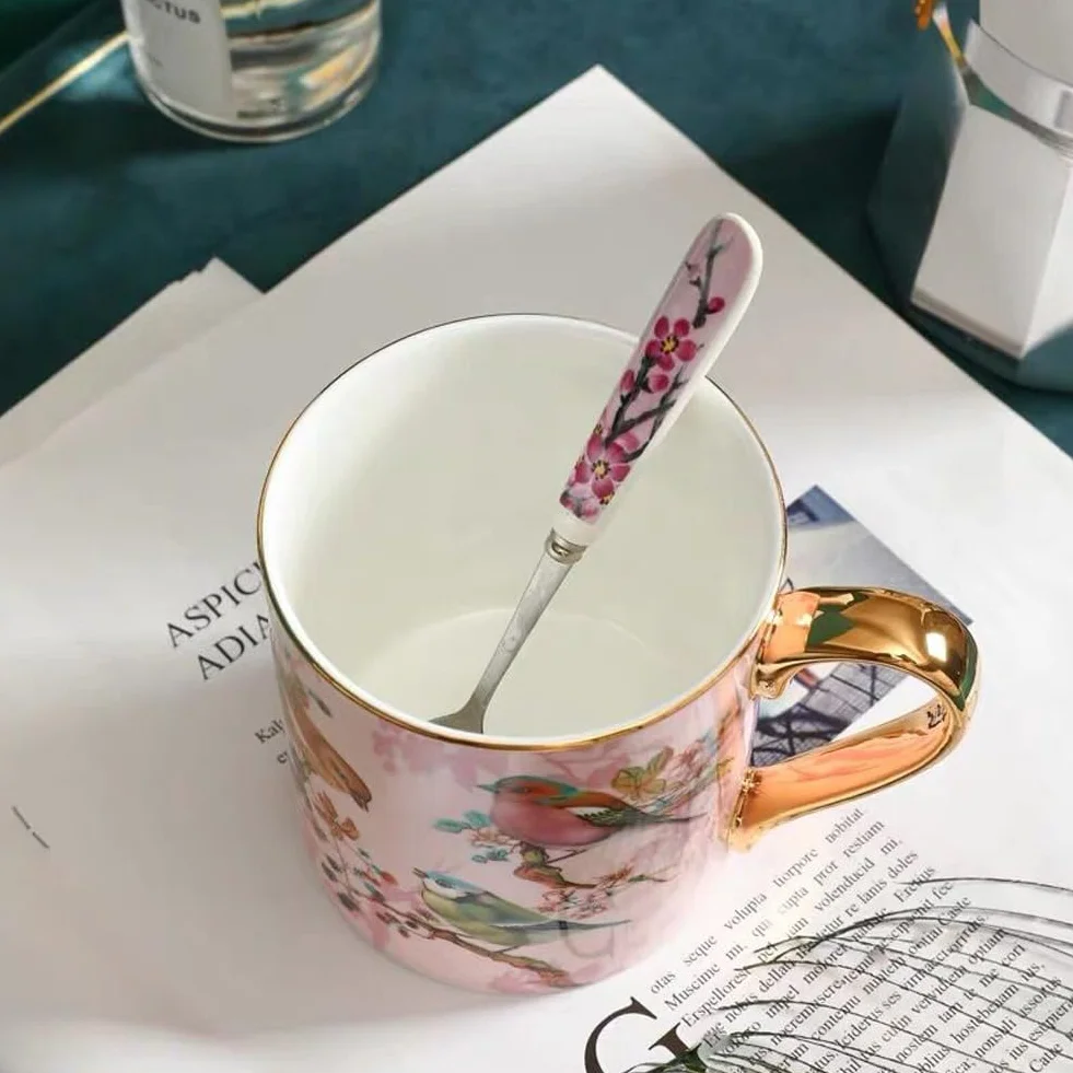 YBK Tech Porcelanowa Filiżanka do Herbaty z Porcelany Kostnej, 350 ml Kubek do Kawy - Wzór Ptaków (Różowy)