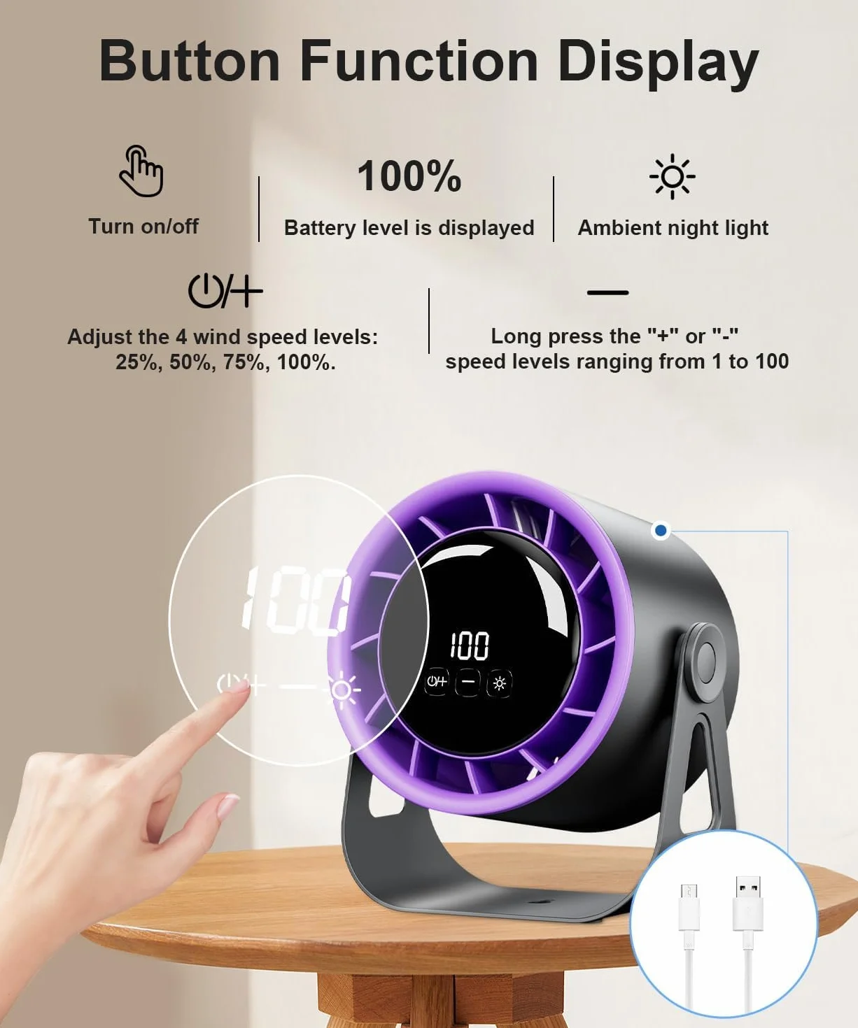 Macchiatto Bezprzewodowy wentylator biurkowy z 100 ustawieniami prędkości, Ładowany przez USB przenośny wentylator stołowy z wyświetlaczem LED i światłem otoczenia, Mały wentylator z regulacją 360°