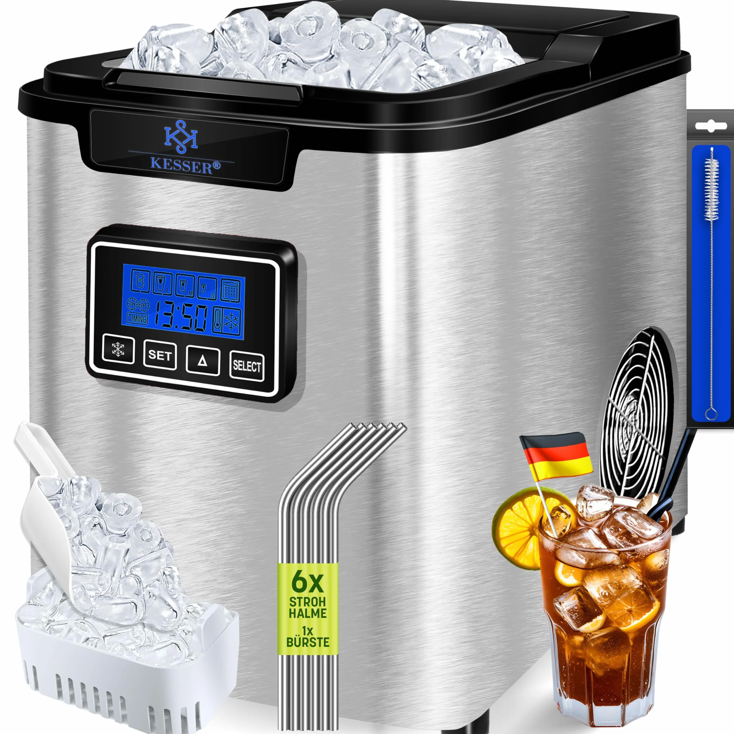 KESSER Kostkarka do lodu ze stali nierdzewnej 150 W 12 kg/24 h 3 rozmiary kostek 6 min zbiornik 2,2 l timer LCD