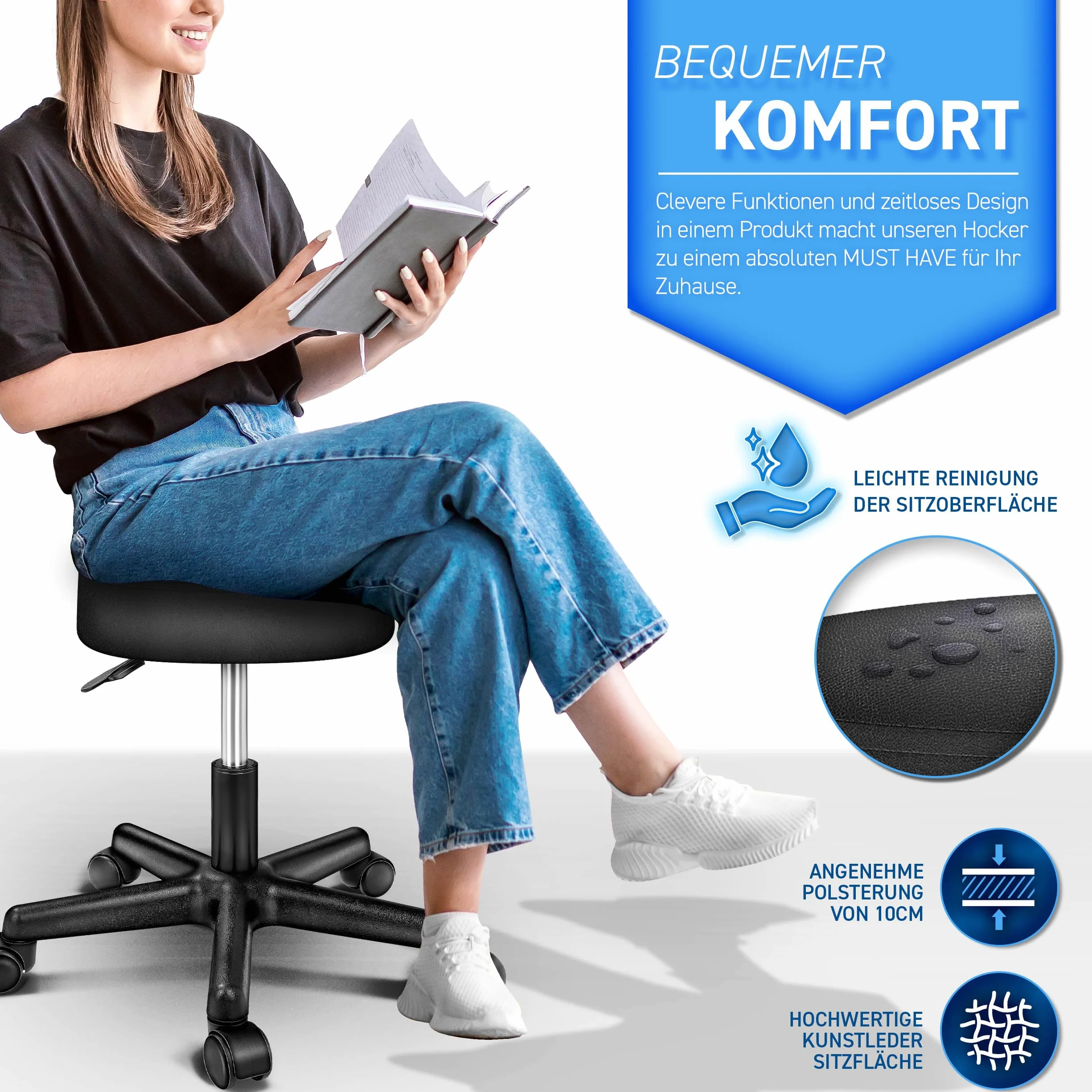 TRESKO® Krzesło obrotowe biurowe na kółkach, regulowana wysokość, obrót 360°, poduszka 10 cm, czarny