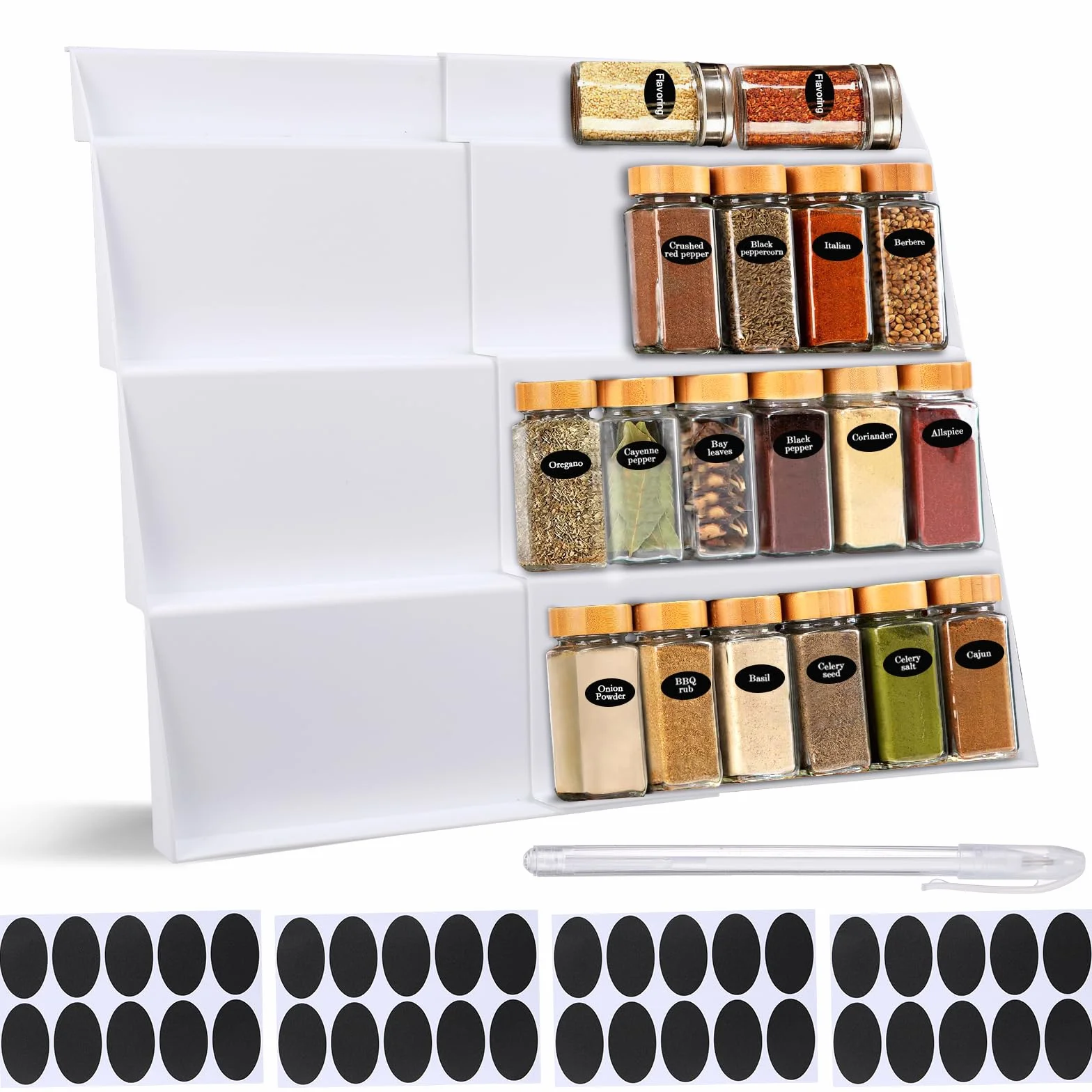 Fentar Organizer Szuflad na Przyprawy, Rozszerzalny 30-60 cm, 4-Poziomowy, 40 Etykiet, 2 szt.