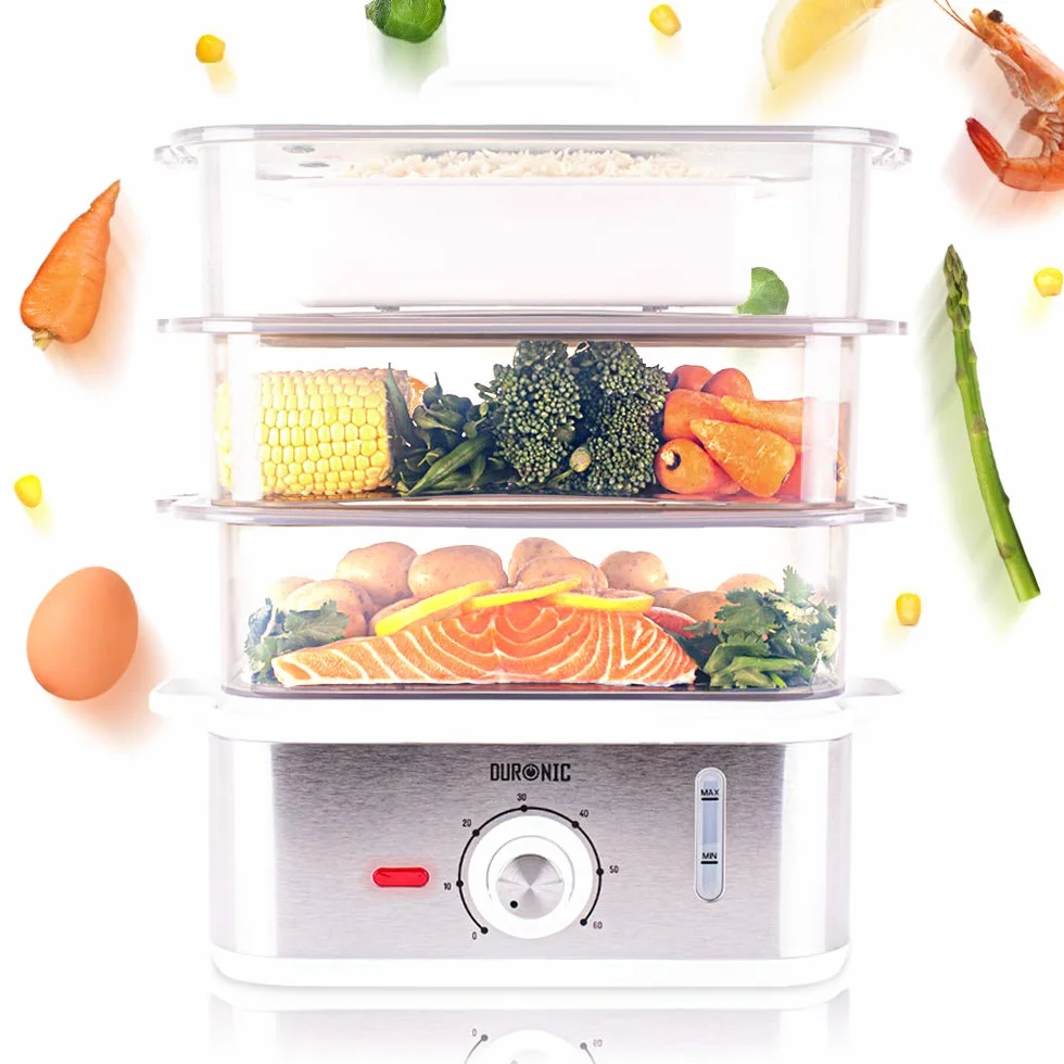 Duronic FS87 Parowar elektryczny z pojemnikem do ryżu moc 870 W | 4 pojemniki z regulacją wysokości | przezroczysty | łatwe przechowywanie| bez BPA | cały obiad przy jednym gotowaniu pojemność 10,6l