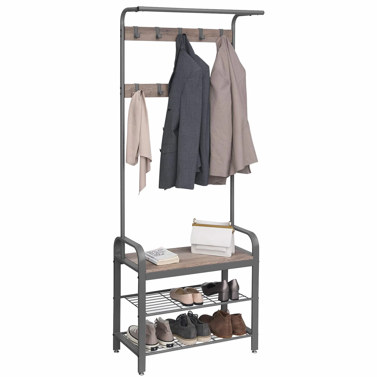 SONGMICS RUS4PK Wieszak na Ubrania z Siedziskiem, 9 Haków, 2 Półki, 183 cm, Szary