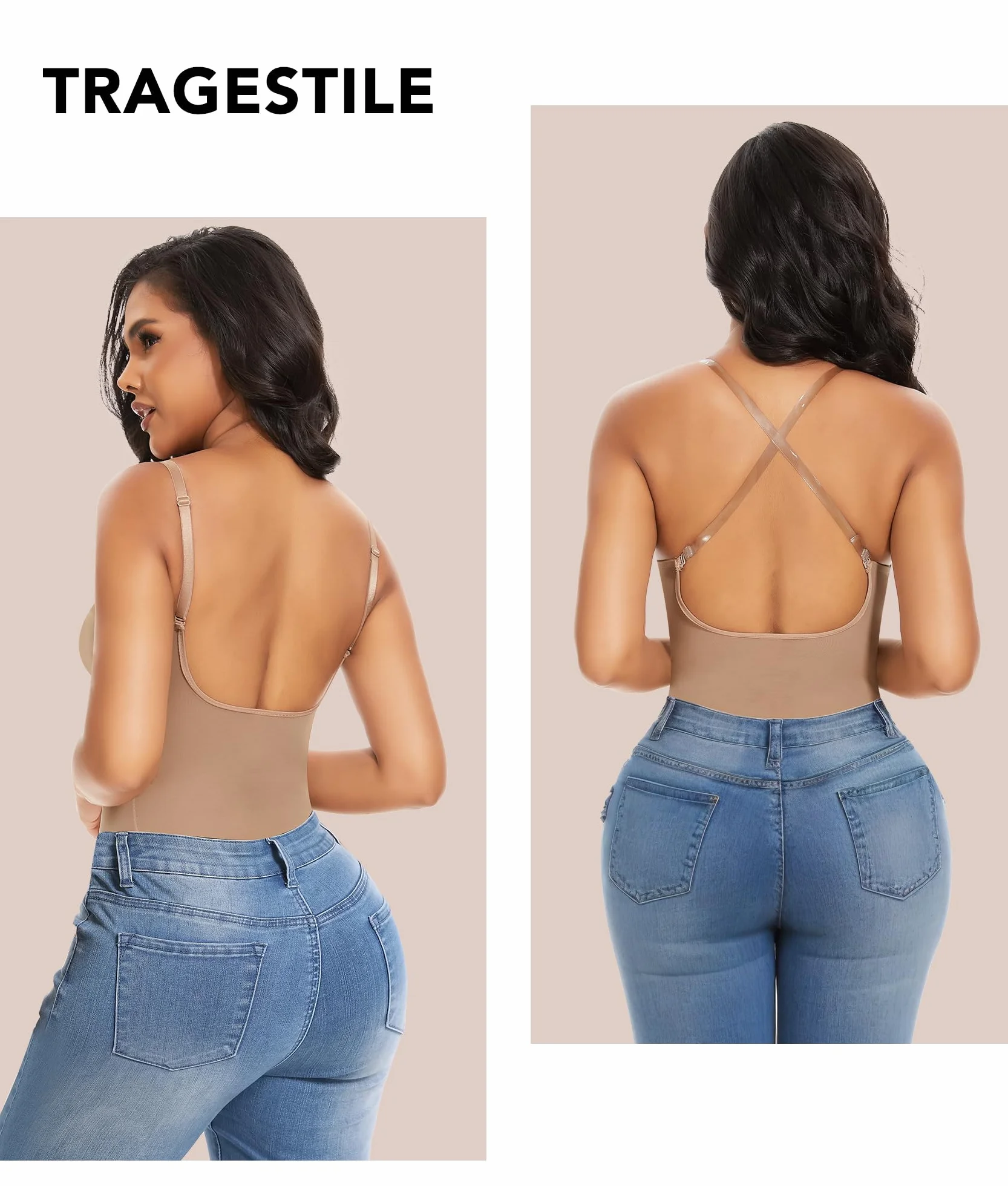 SHAPERIN Damskie body modelujące bez pleców, wyszczuplające brzuch, biustonosz push-up, głęboki dekolt w kształcie litery U