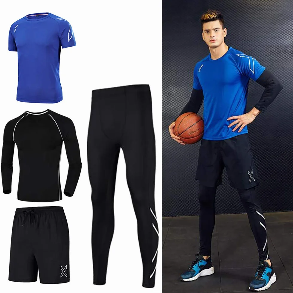 Moda odzież fitness, czteroczęściowy dres treningowy, odzież sportowa dla mężczyzn, elegancka, czarna, L