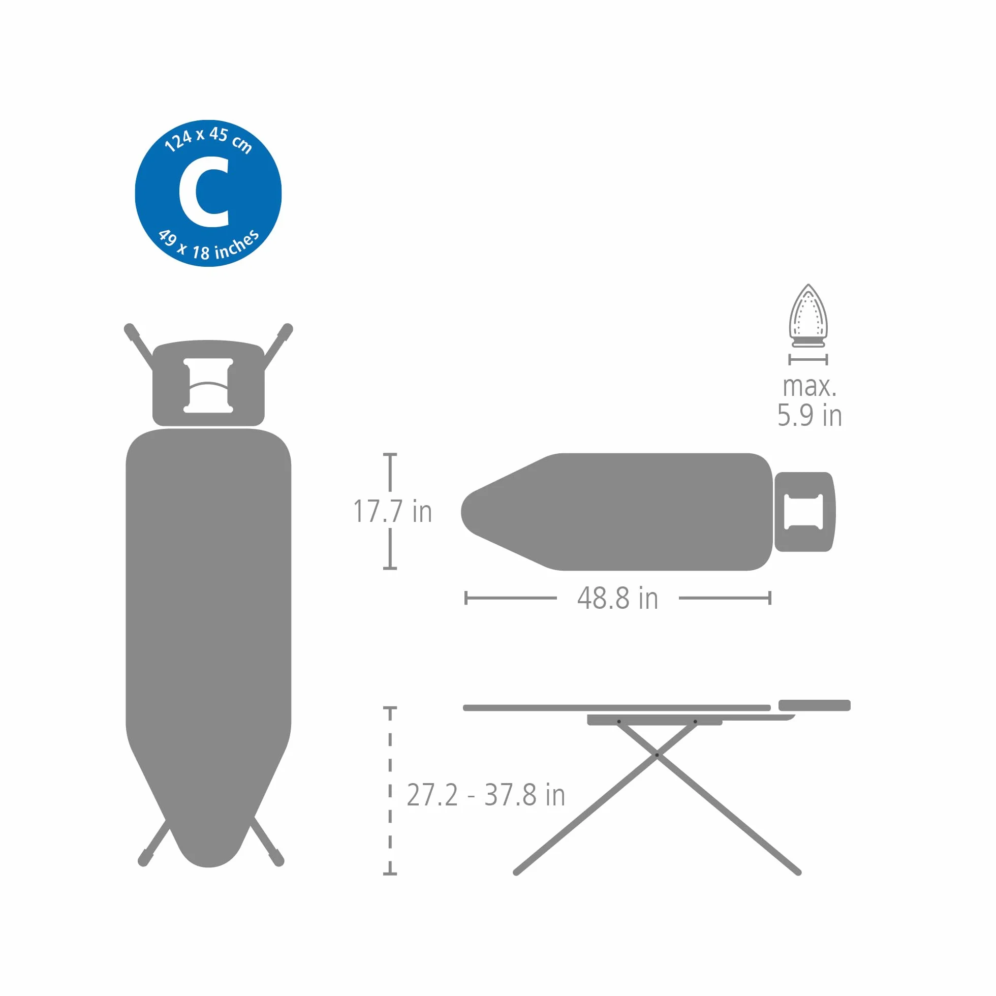 Brabantia Deska do prasowania rozmiar C (124,5 x 45,7 cm), 7 opcji wysokości, solidna półka na żelazko parowe (dmuchawki), antypoślizgowe nóżki, składane zabezpieczenia przed dziećmi