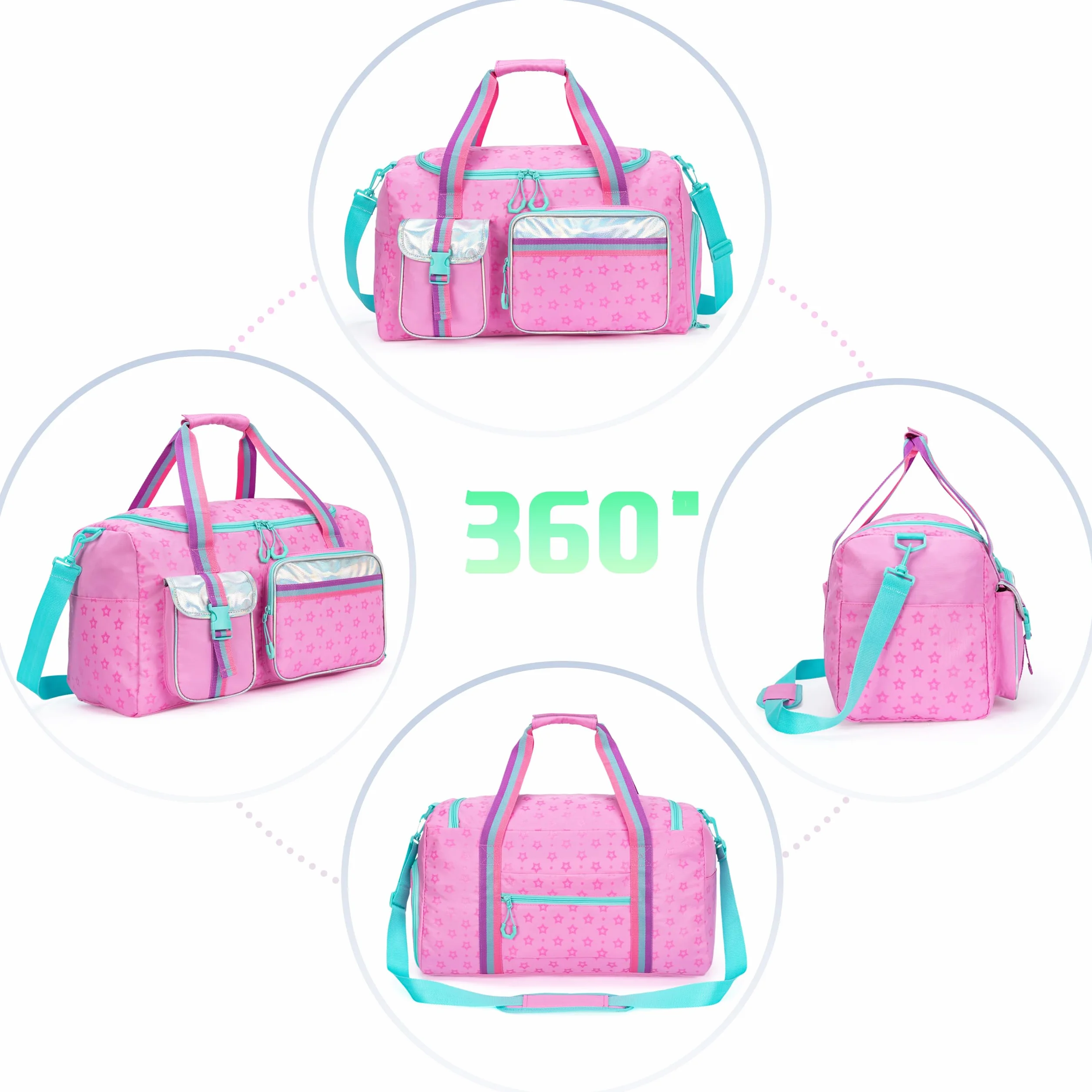 HTgroce Torba sportowa dziewczęca torba na basen torba podróżna weekend plaża piłka nożna siłownia z przegrodą na buty, Różowa gwiazda, 55 * 27 * 22 CM, Torby podróżne