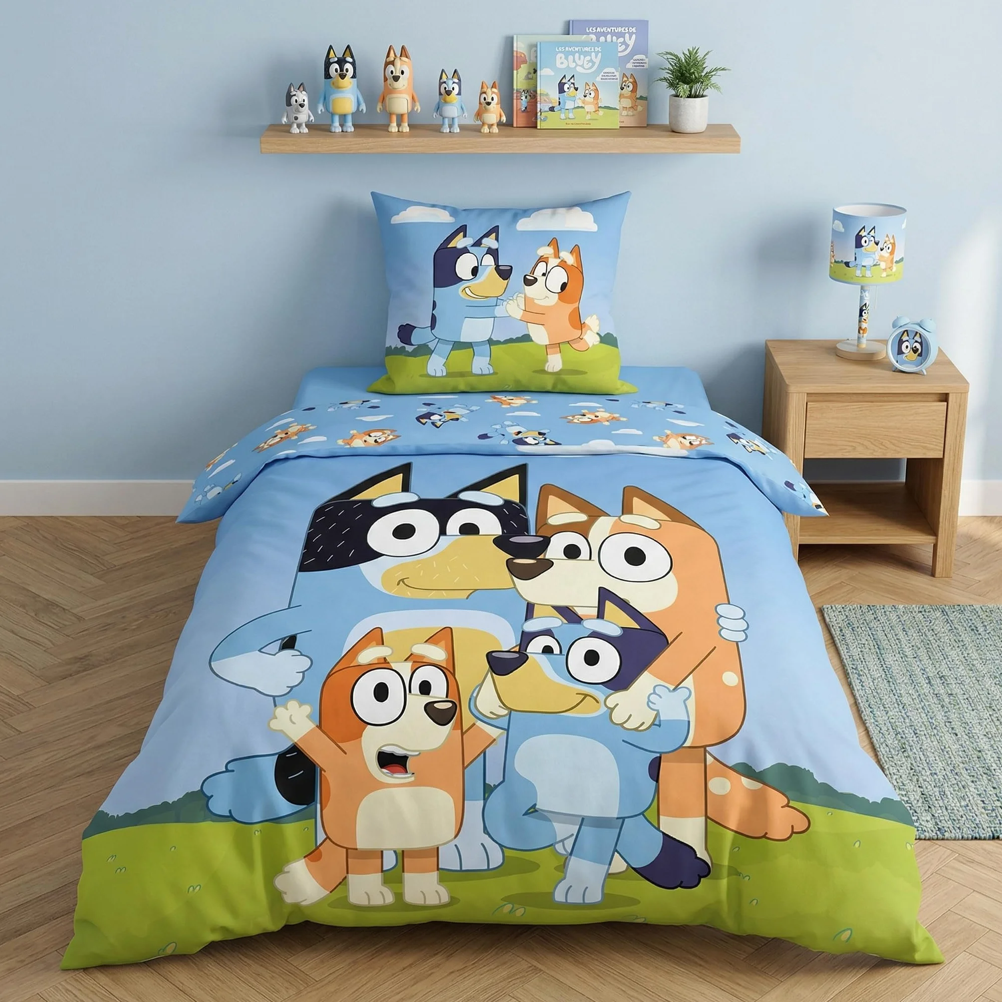 Komplet pościeli Bluey Family Aymax 140x200 cm + 65x65 cm bawełna poliestrowa niebieski