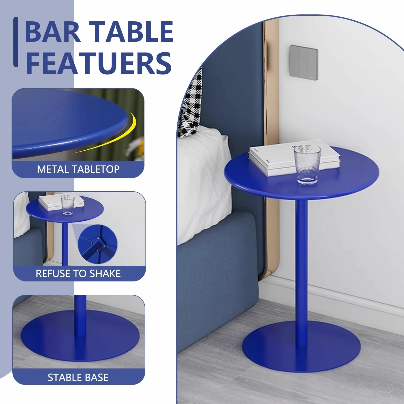 Niebieski stół koktajlowy | Okrągły stół bistro na blacie Stół pubowy | Wysoki stół kuchenny | Metalowy stolik kawowy Stolik boczny Sofa Stolik z przekąskami (Size : 48x48x72cm)