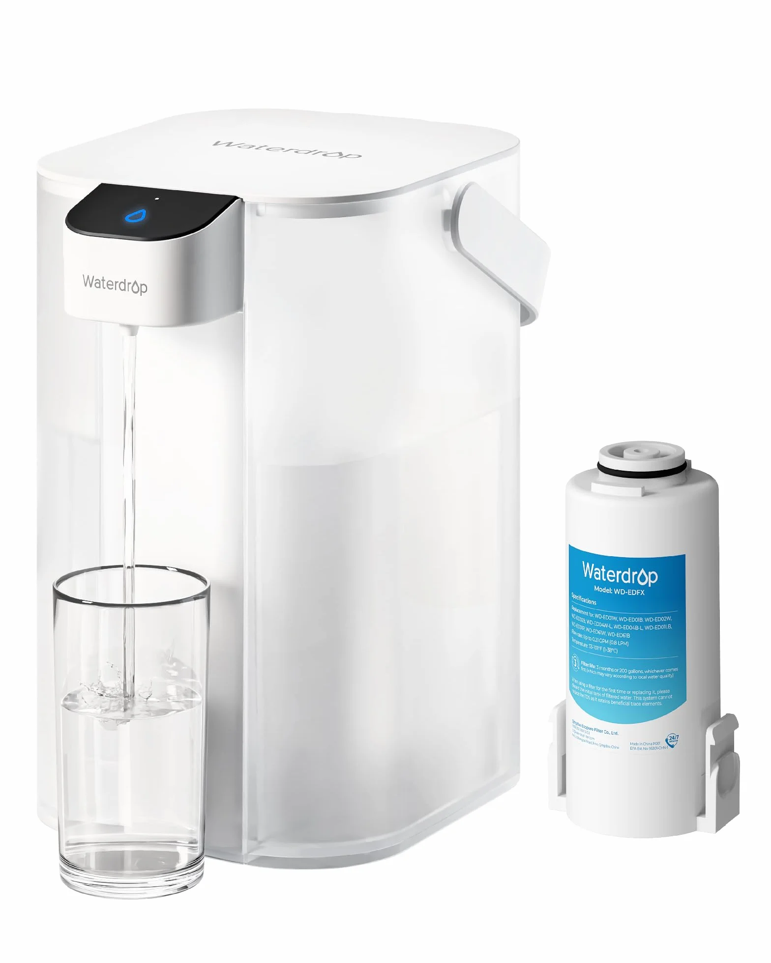 Waterdrop Elektryczny dzbanek filtrujący do wody 3,5 l z filtrem 3-miesięcznym, redukcja chloru, biały
