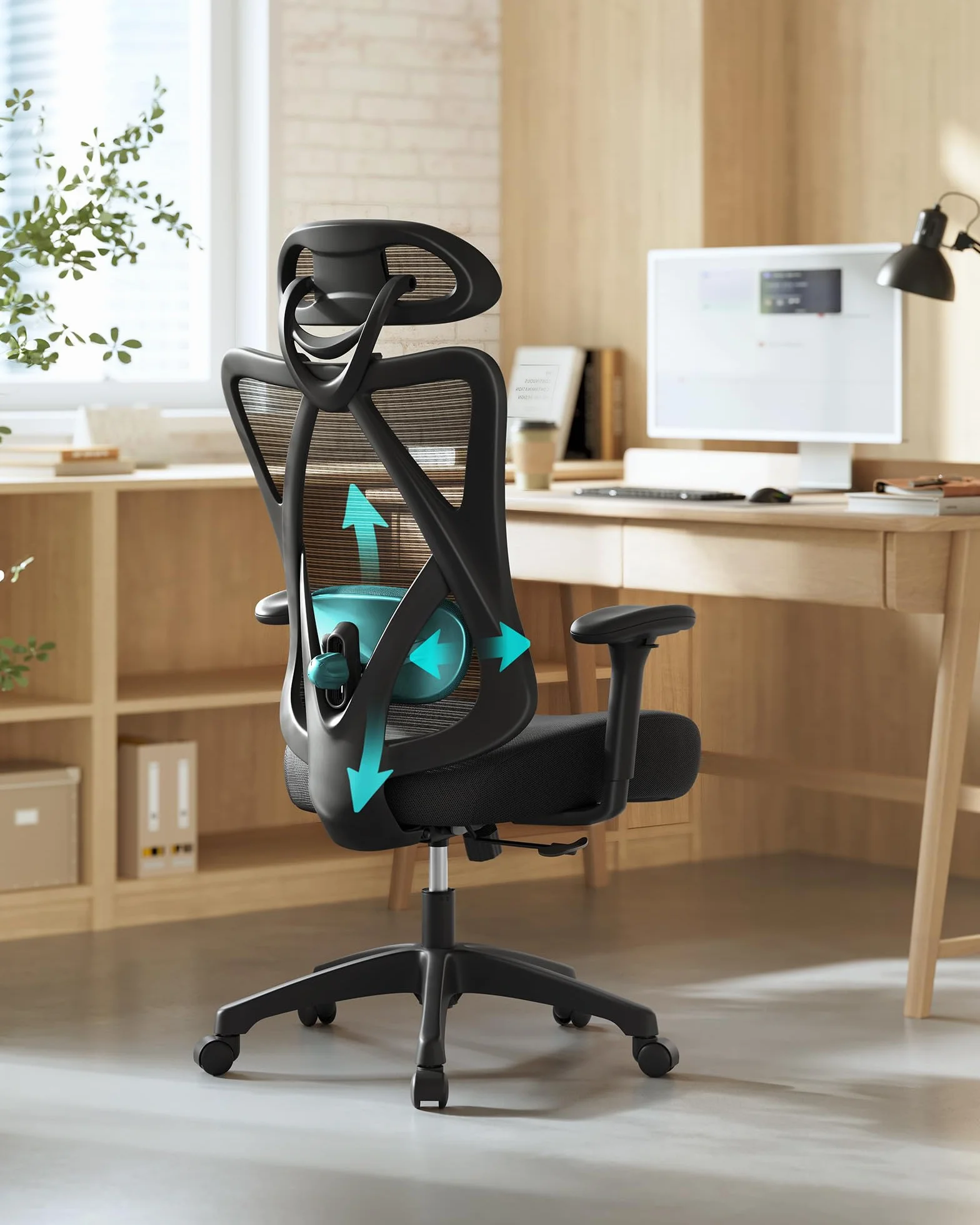 SONGMICS Ergonomiczne krzesło biurowe siatkowe, regulowana poduszka lędźwiowa, nośność 150 kg, czarny