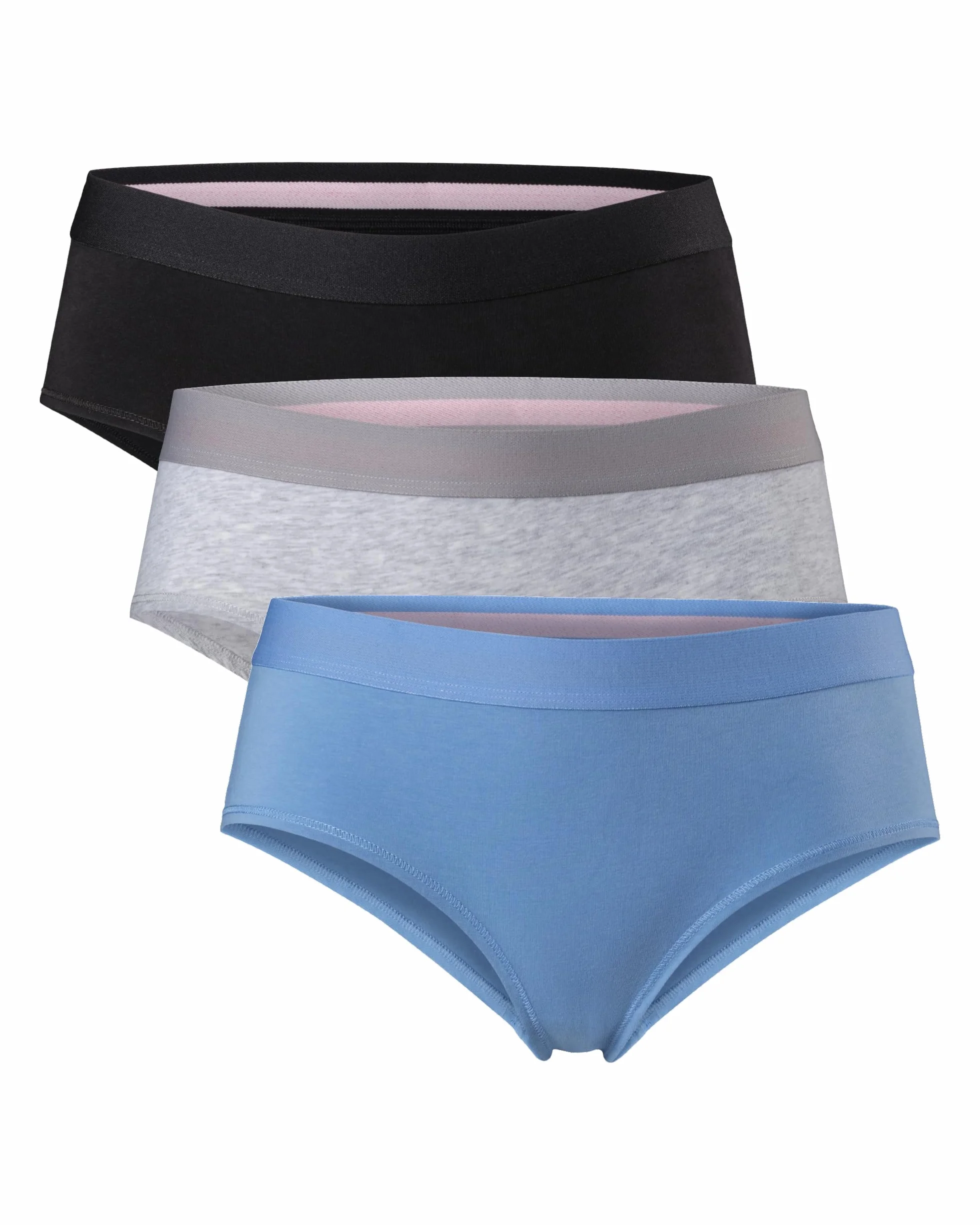 DANISH ENDURANCE Damskie Majtki Hipster z Bawełny Organicznej, Figi, Comfort Fit, Miękka Bielizna z Certyfikatem OEKO-TEX, Zestaw, Czarne, Niebieskie, Szare, Bezmetkowe, Na Co Dzień, 3-PACK