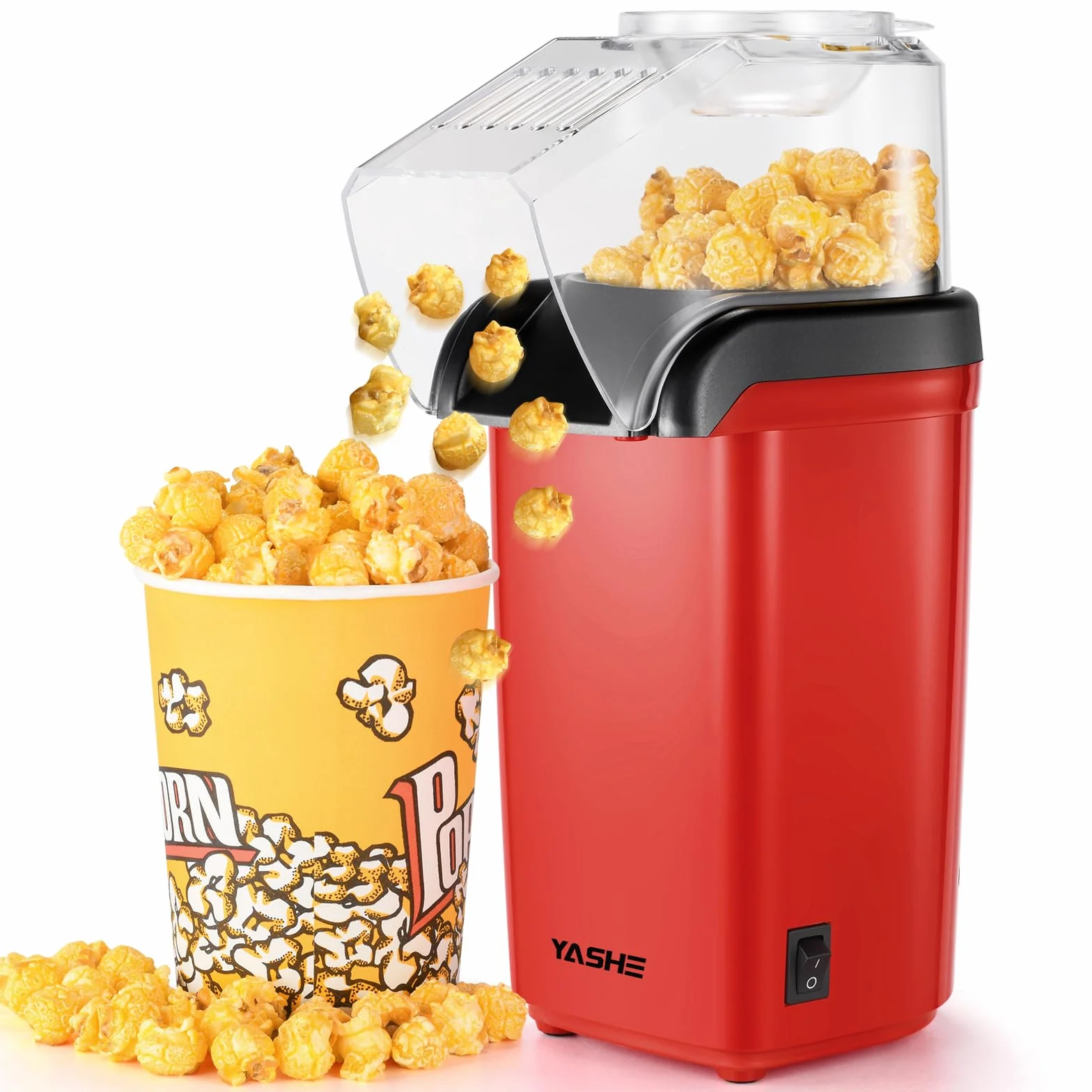 YASHE Maszyna do Popcornu, 1200W urządzenie do robienia popcornu na gorące powietrze, elektryczna maszyna do popcornu, obsługa jednym dotknięciem, 2 minuty, zdrowa bez tłuszczu i oleju czerwona