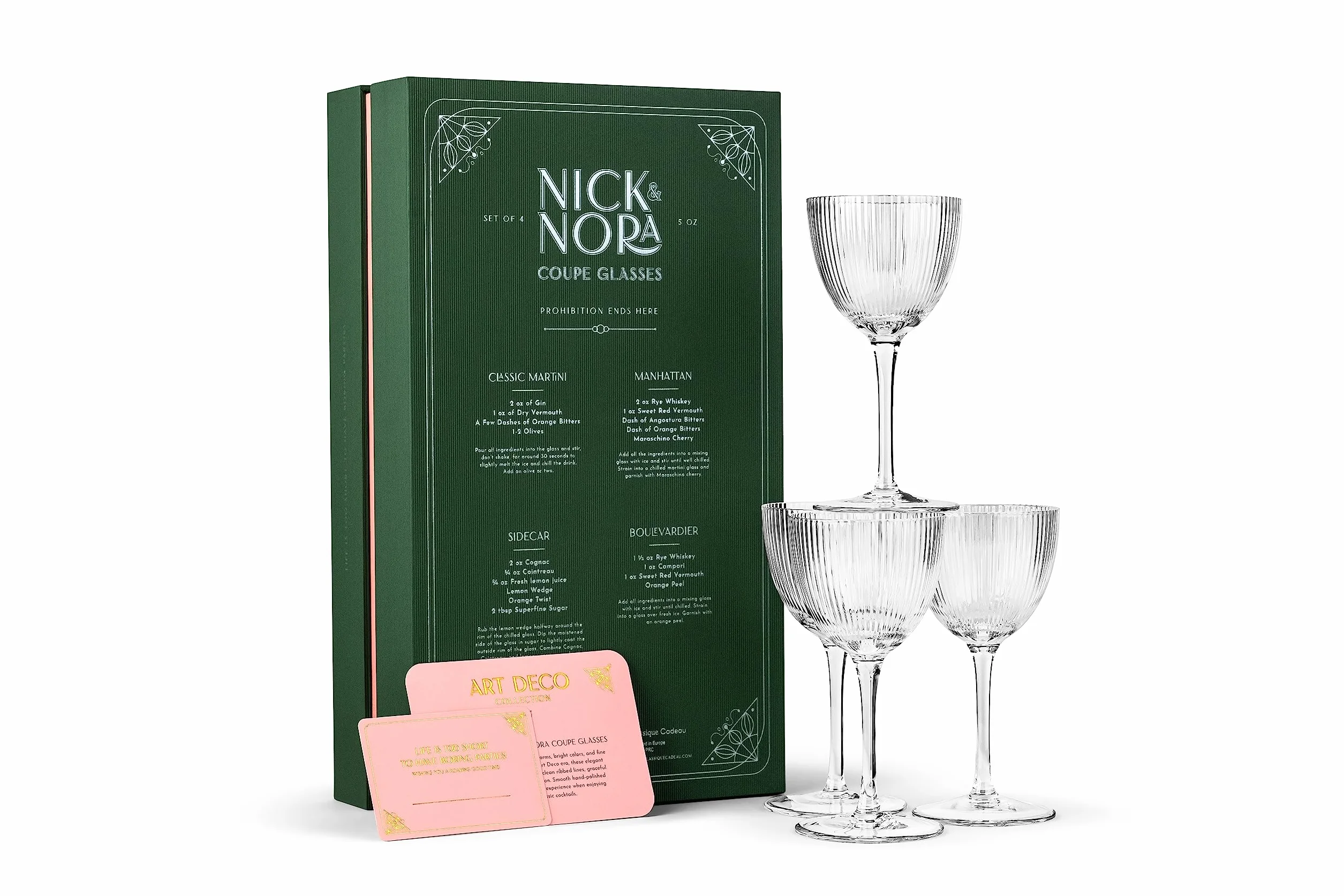 GLASSIQUE CADEAU Kieliszki Nick and Nora Coupe w stylu vintage, art deco, zestaw 4 sztuk, 150 ml, kryształowe, prążkowane kieliszki ginowe koktajlowe do picia klasycznych napojów barowych, retro