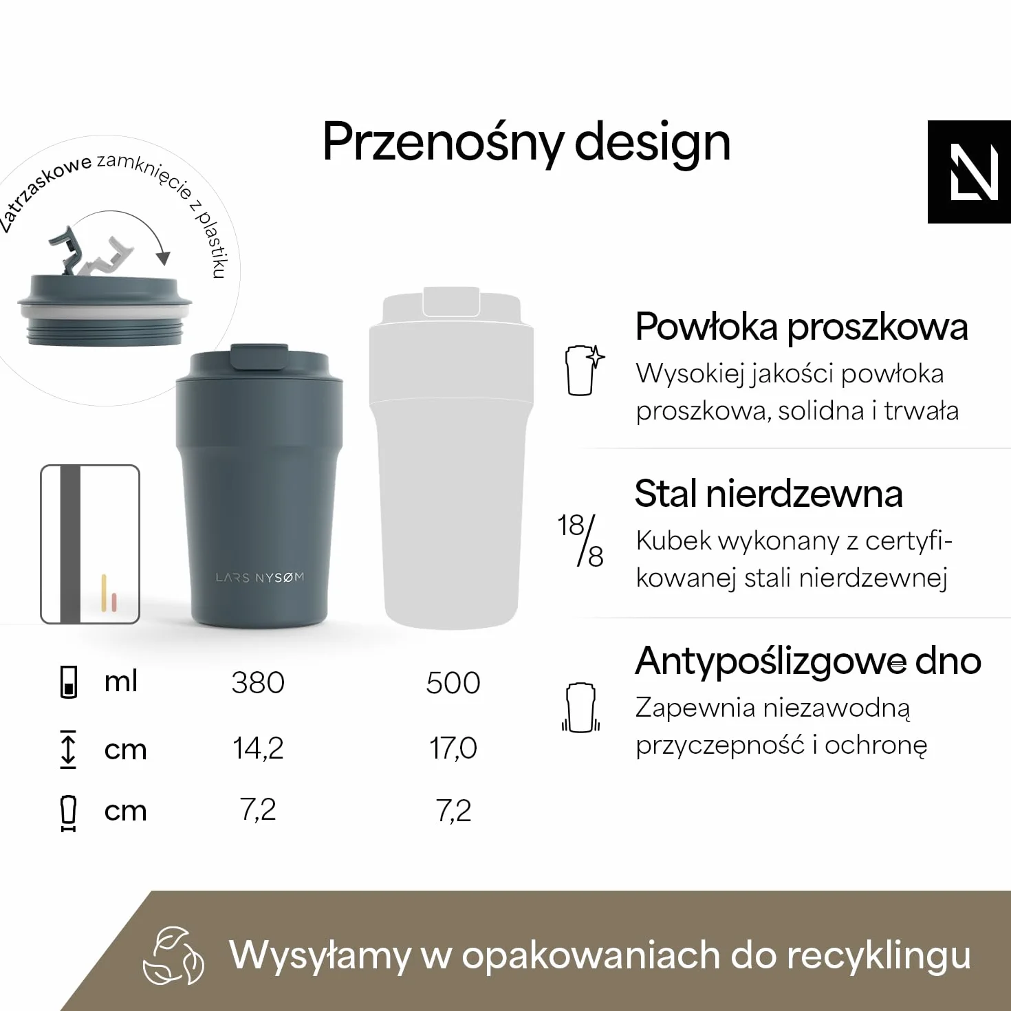 LARS NYSØM Kubek termiczny do kawy 380ml | Kubek podróżny z izolacją | Silikonowa podstawa antypoślizgowa | Szczelny kubeczek ze stali nierdzewnej do kawy i herbaty (Stone Blue - Powder, 380ml)