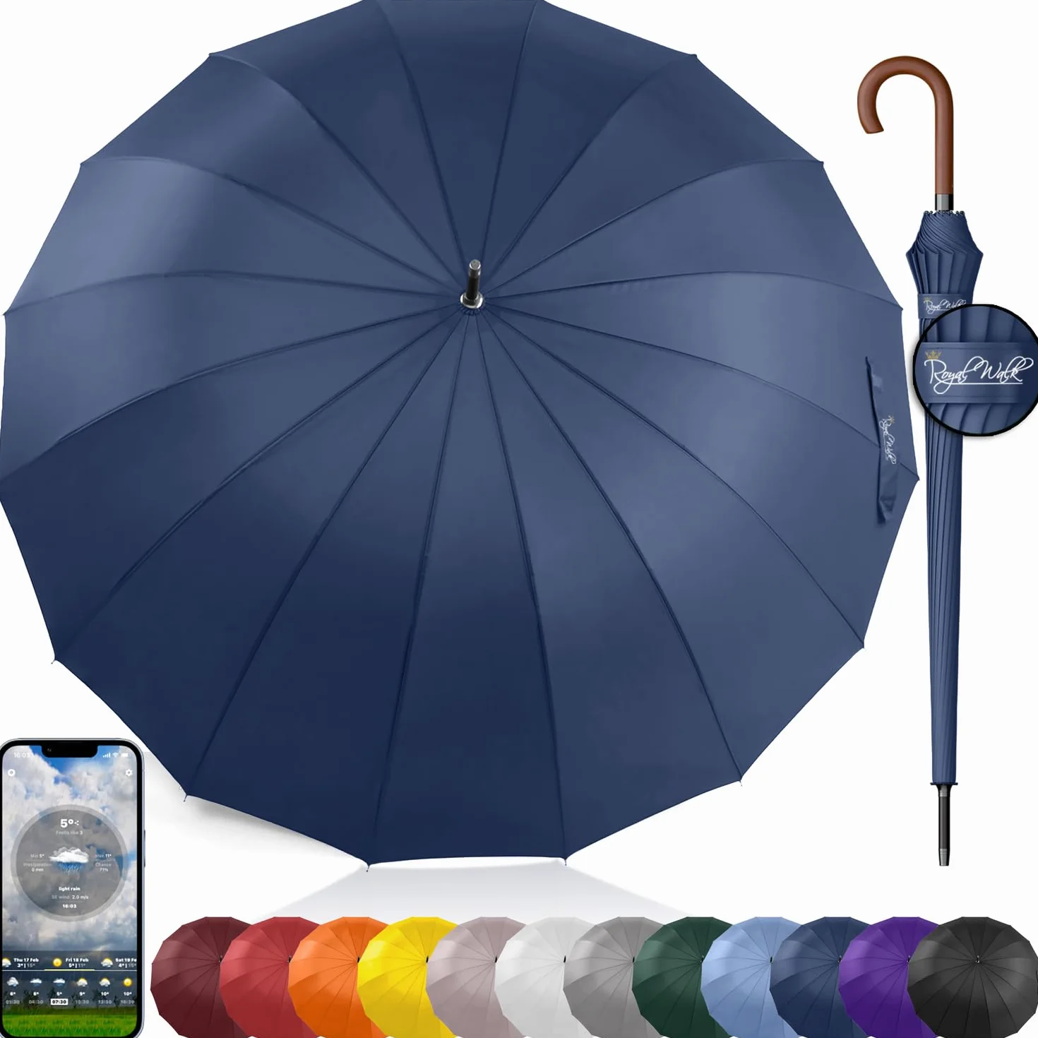 Royal Walk Wiatroszczelny parasol czarny duży 137 cm automatyczne otwieranie dla 2 osób odporny na burzę dla mężczyzn kobiet klasyczny drewniany uchwyt lekki wodoodporny trwały mocne 16 żeber podróż