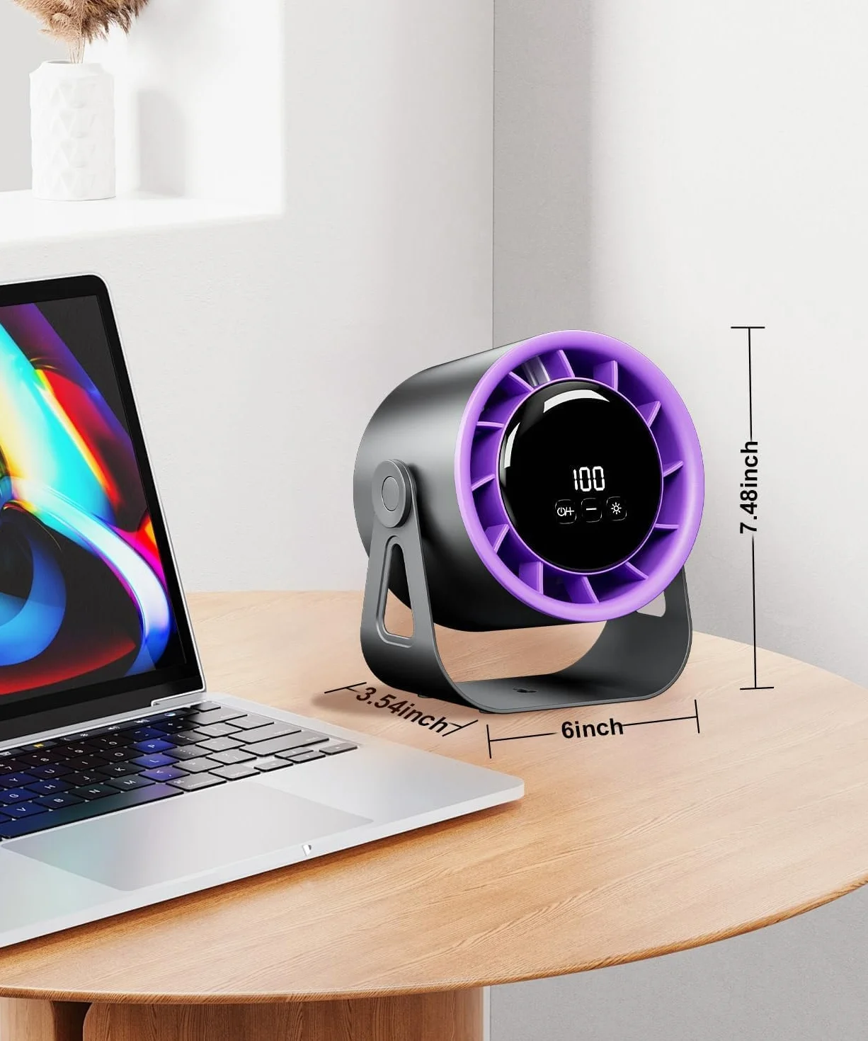 Macchiatto Bezprzewodowy wentylator biurkowy z 100 ustawieniami prędkości, Ładowany przez USB przenośny wentylator stołowy z wyświetlaczem LED i światłem otoczenia, Mały wentylator z regulacją 360°