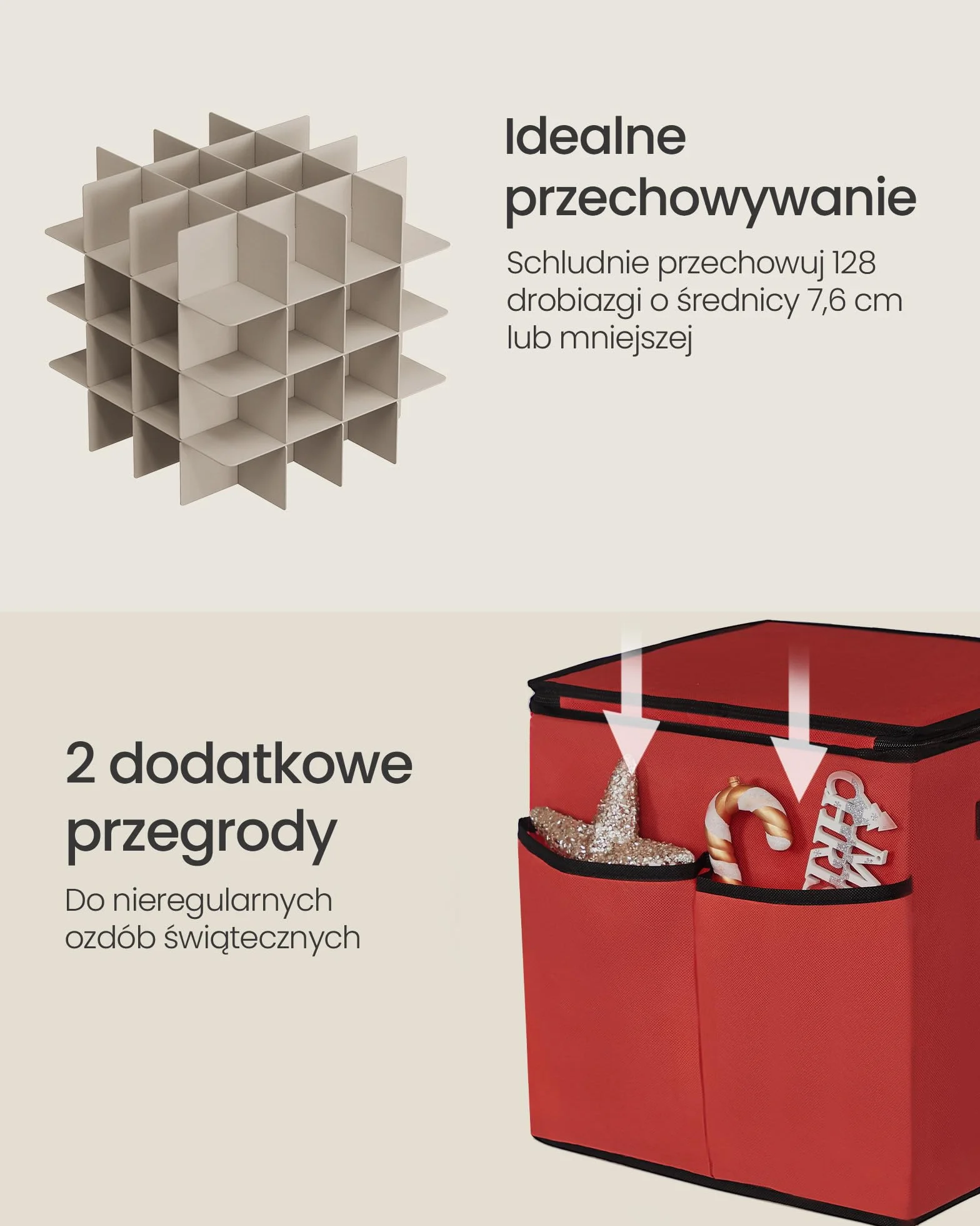 SONGMICS Pudełko do przechowywania dekoracji bożonarodzeniowych, 7,6 cm, 64 przegródki, sztaplowane pudełko do przechowywania bombek bożonarodzeniowych z pokrywką, podwójne zamki błyskawiczne