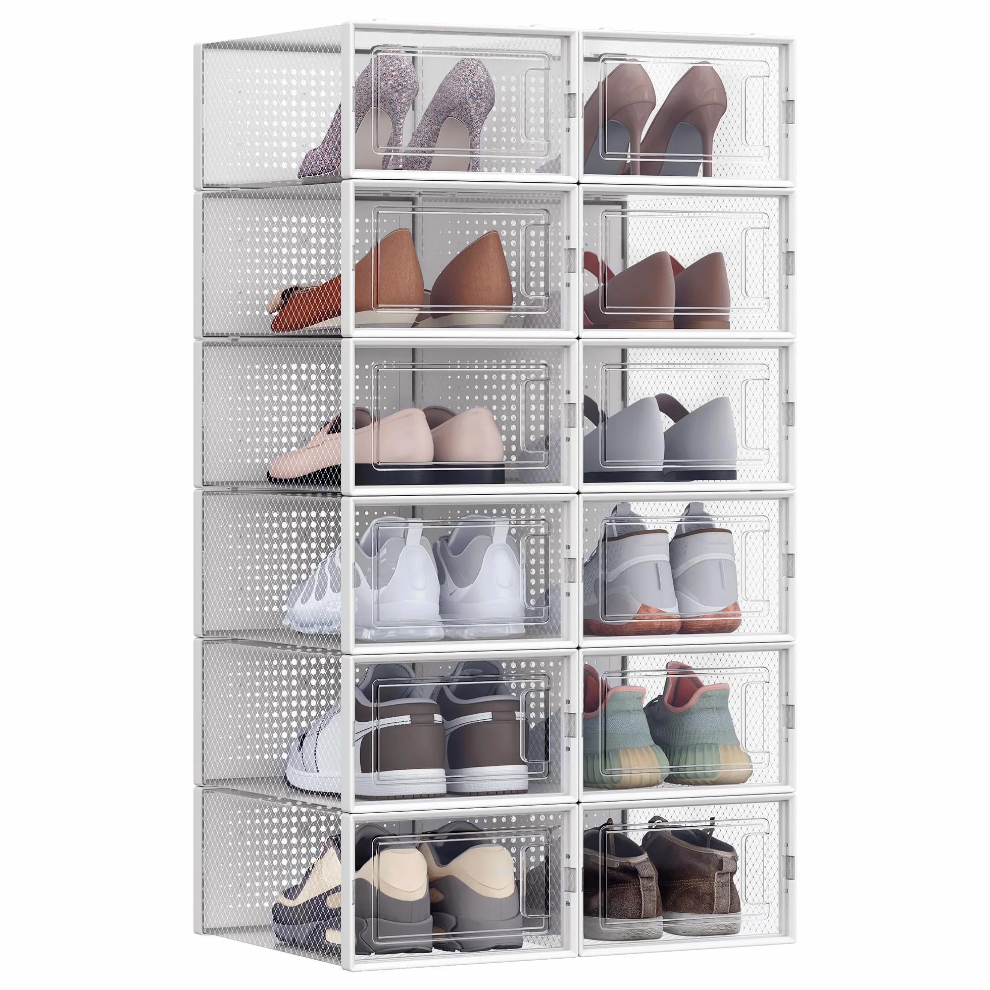 SONGMICS Pudełka na buty zestaw 12 sztuk organizer plastikowe składane układane w stosy do rozmiaru 44 przezroczysty-biały LSP12SWT