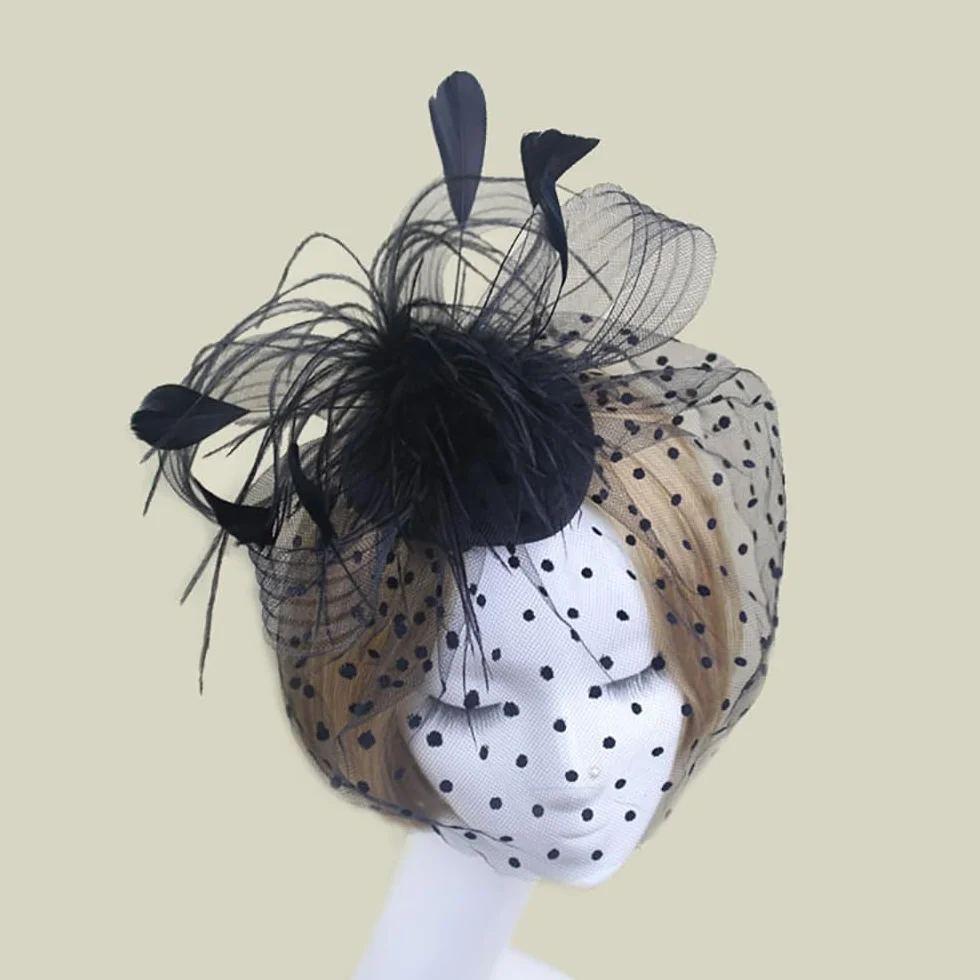 Fascinator Kapelusz, Vintage Sieć Siateczka Opaska na Czoło Kobiety Czarny Filiżanka Sinamay Opaska na Czoło Kościół Ozdoba do Włosów Ślub Welon Ptak Klatka Sieć Twarz na Herbatę Party
