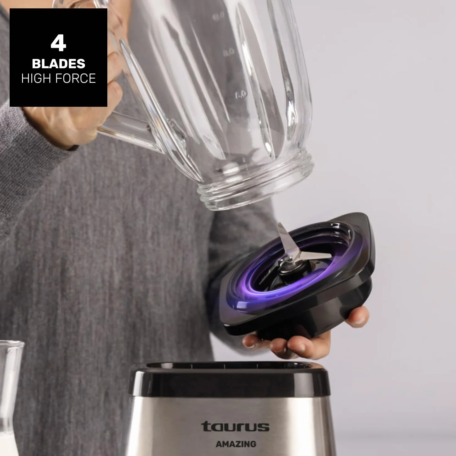 Taurus mikser stojący 1500 W 1,5 l stal nierdzewna 4 ostrza 2 prędkości turbo szklany pojemnik