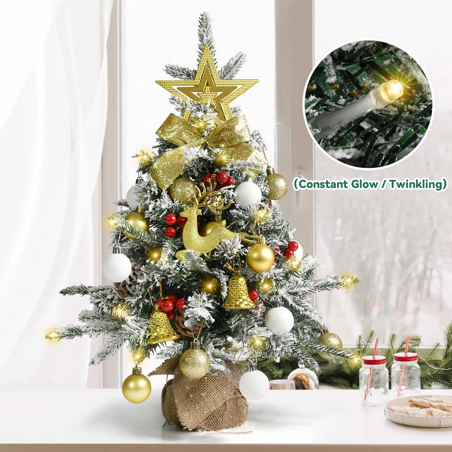 Sztuczna choinka, mała, 60 cm, mini choinka z 40 diodami LED w kolorze ciepłej bieli, bombki bożonarodzeniowe, czubek gwiazdy, dekoracja bożonarodzeniowa, do wnętrz, biura, na Boże Narodzenie, adwent