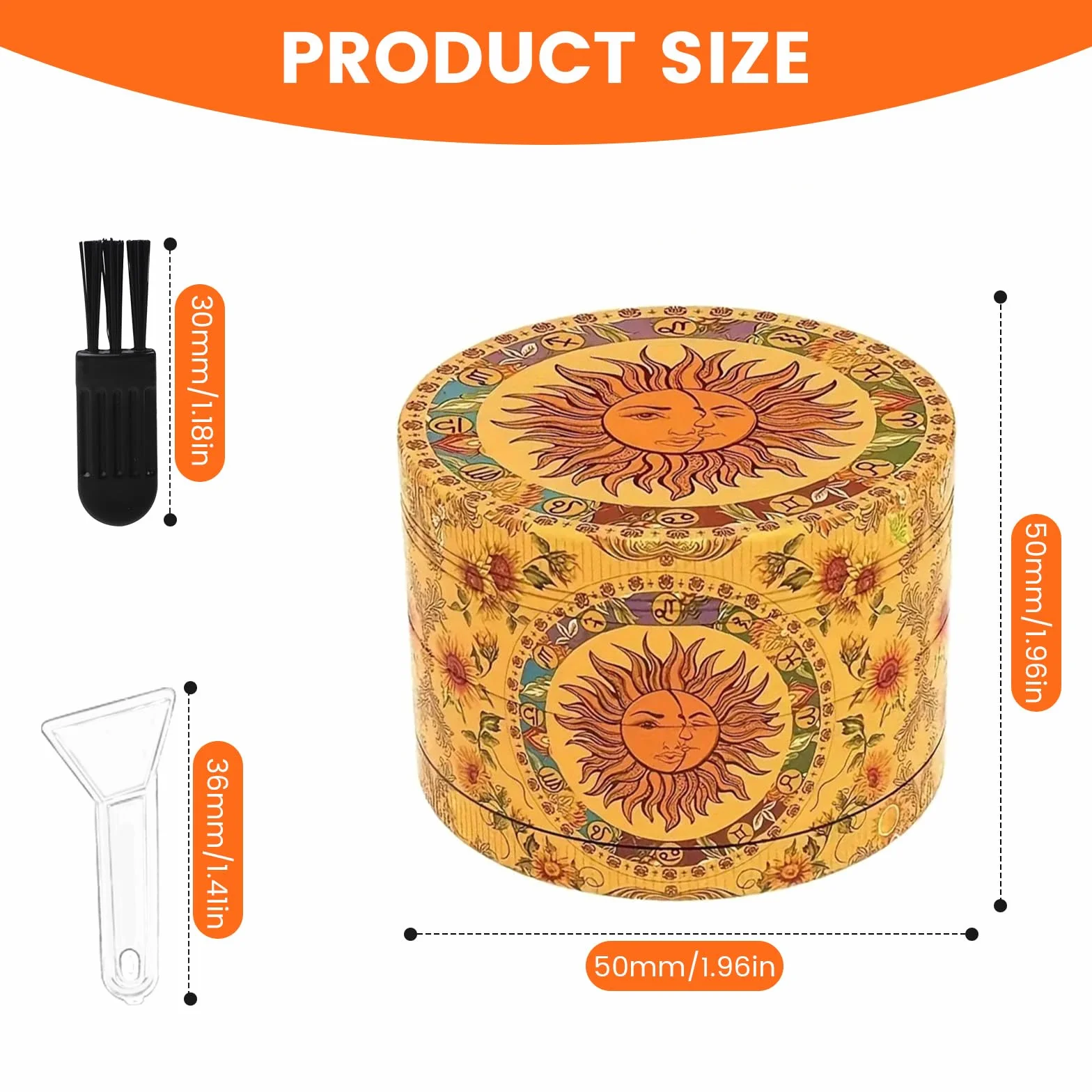 Grinder duża kruszarka, młynek do przypraw 50 mm ze skrobakiem i plastikową szczotką, 4 warstwy słońca, młynek do pyłków, metal, 4-częściowy zestaw do przypraw