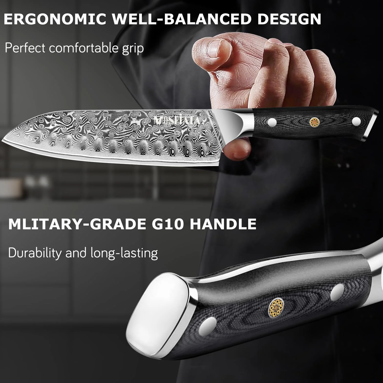 Nóż Santoku damasceński japoński szefa kuchni z ostrzałką, prezent