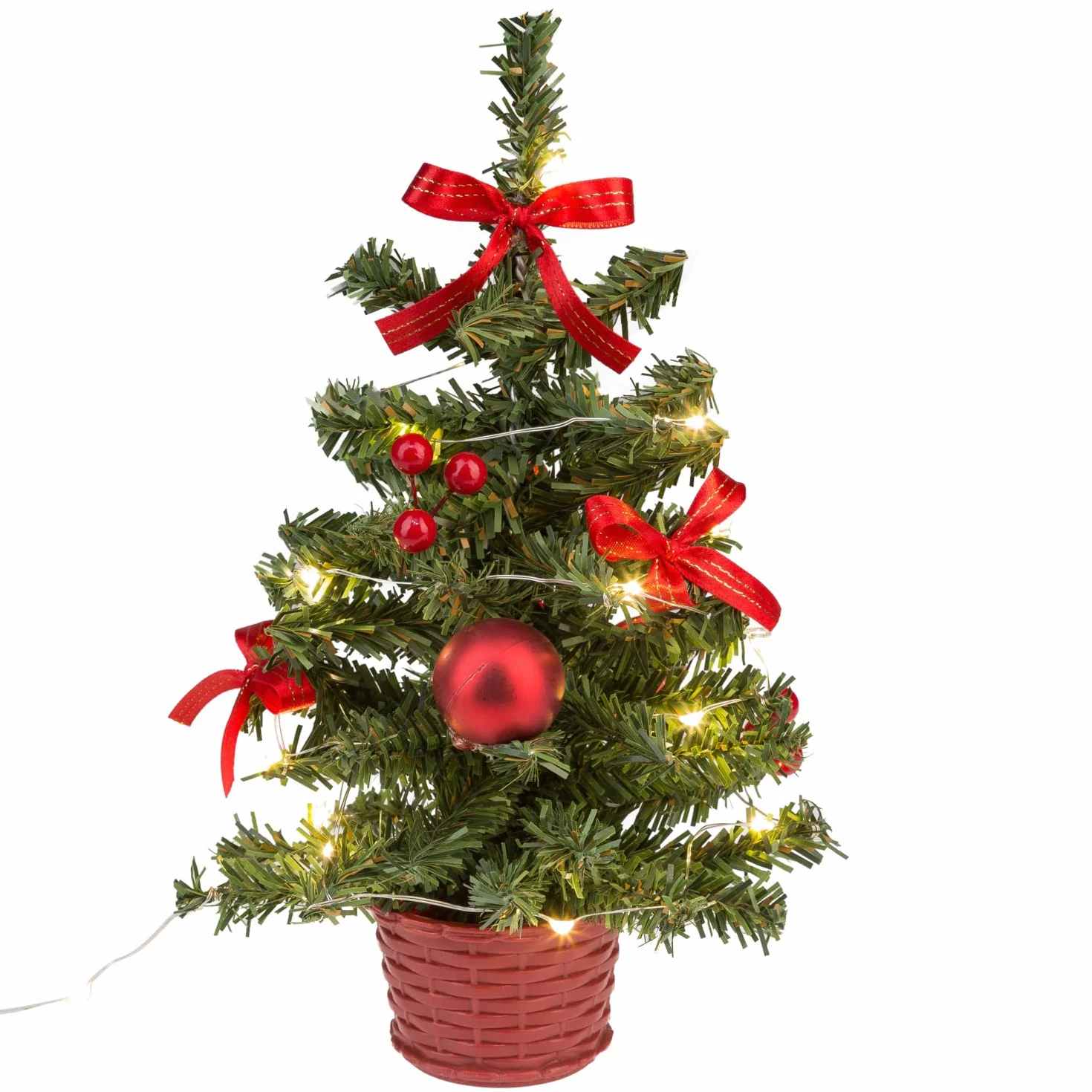 Idena 31486 Dekoracyjna choinka z 20 diodami LED ciepła biel ok. 25 cm wysokości z czerwonym drzewem w doniczce i połączeniem USB Dekoracja wnętrz jako dekoracja zimowa, adwentowa i świąteczna
