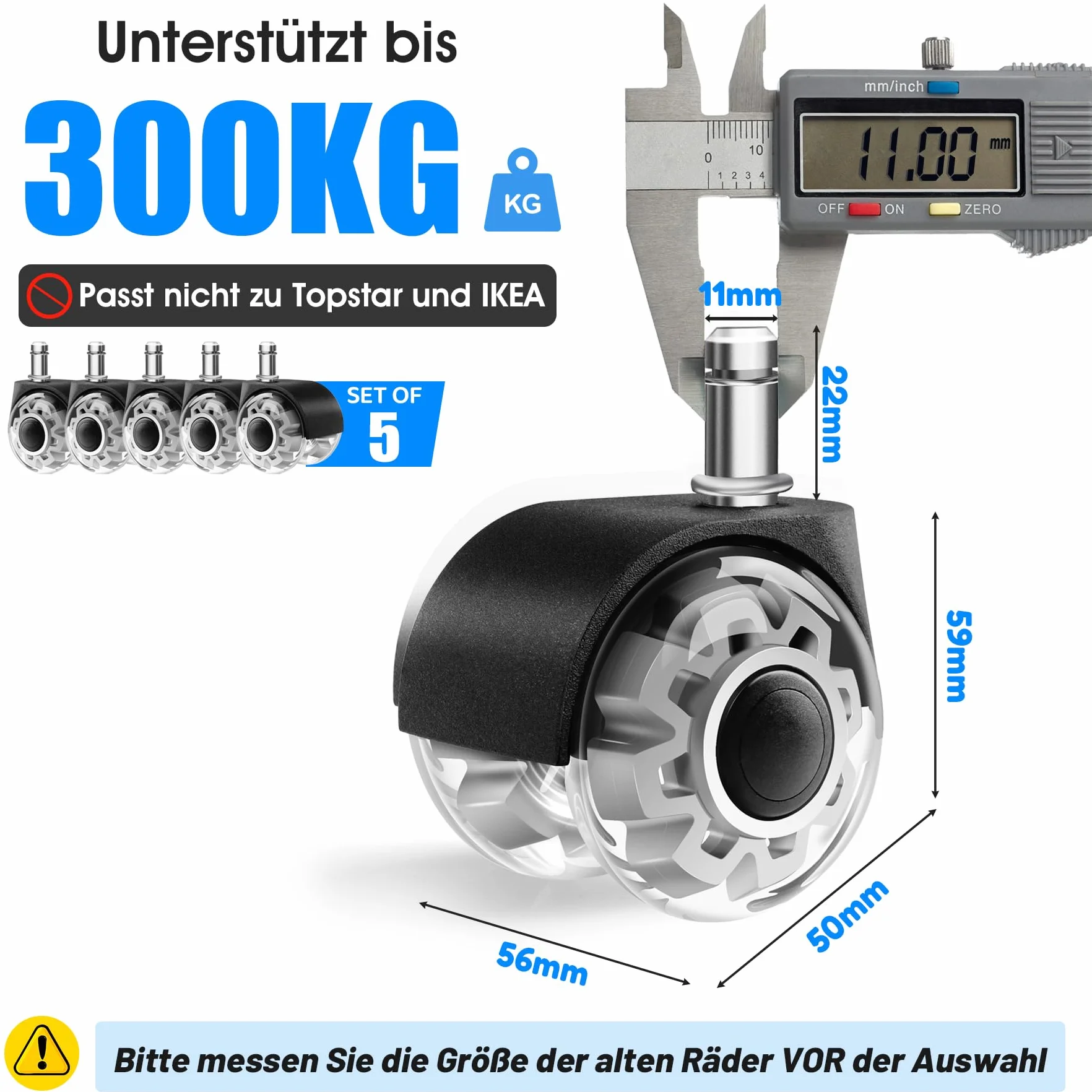 Krzesło biurowe z kółkami 11 x 22 mm, obrót 360°, do drewnianych podłóg i dywanów
