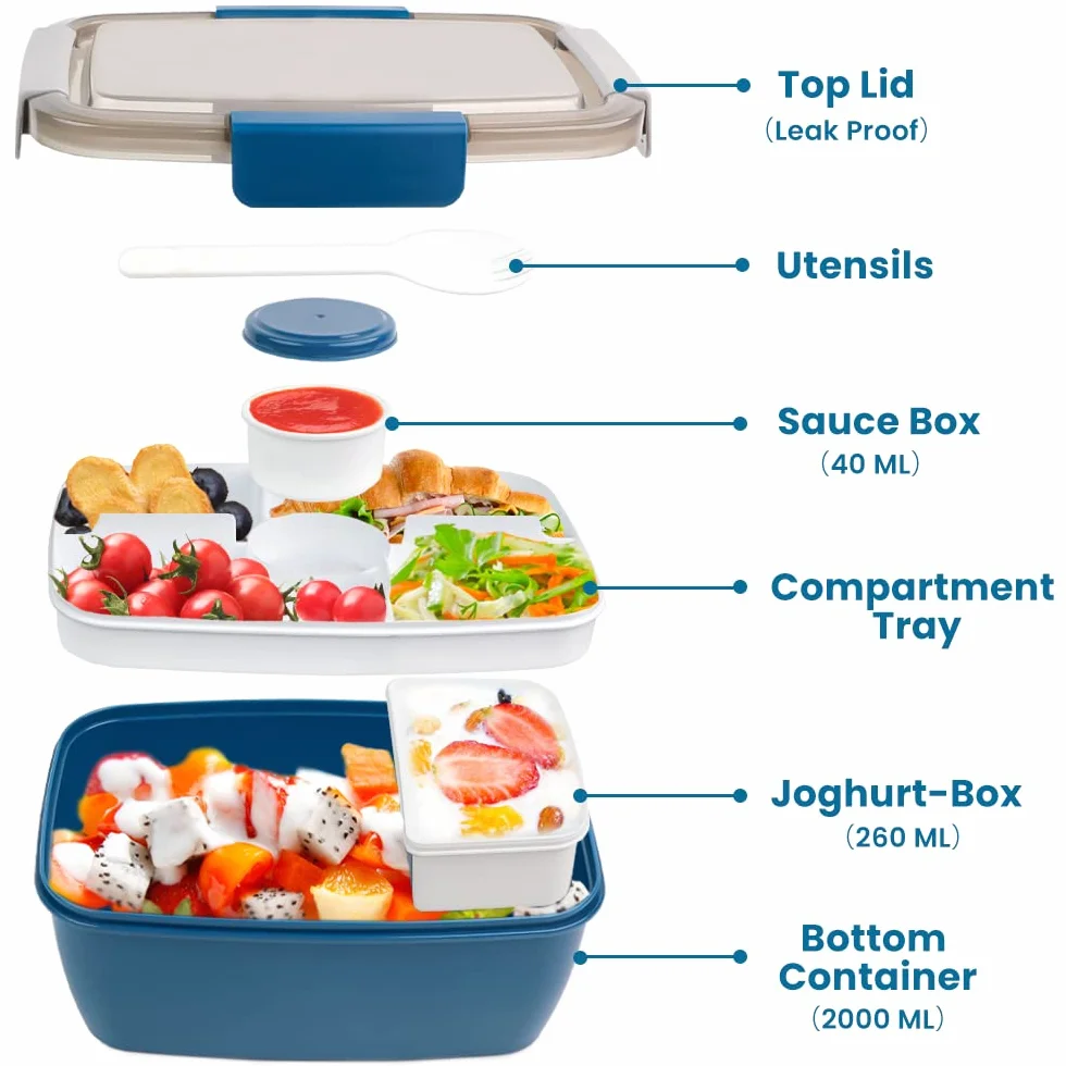 Bugucat Bento Box Pudełko na Lunch 2000 ML z 4 Przegródkami, Pojemnik na Sałatkę z Dressingiem, Wbudowana Łyżka