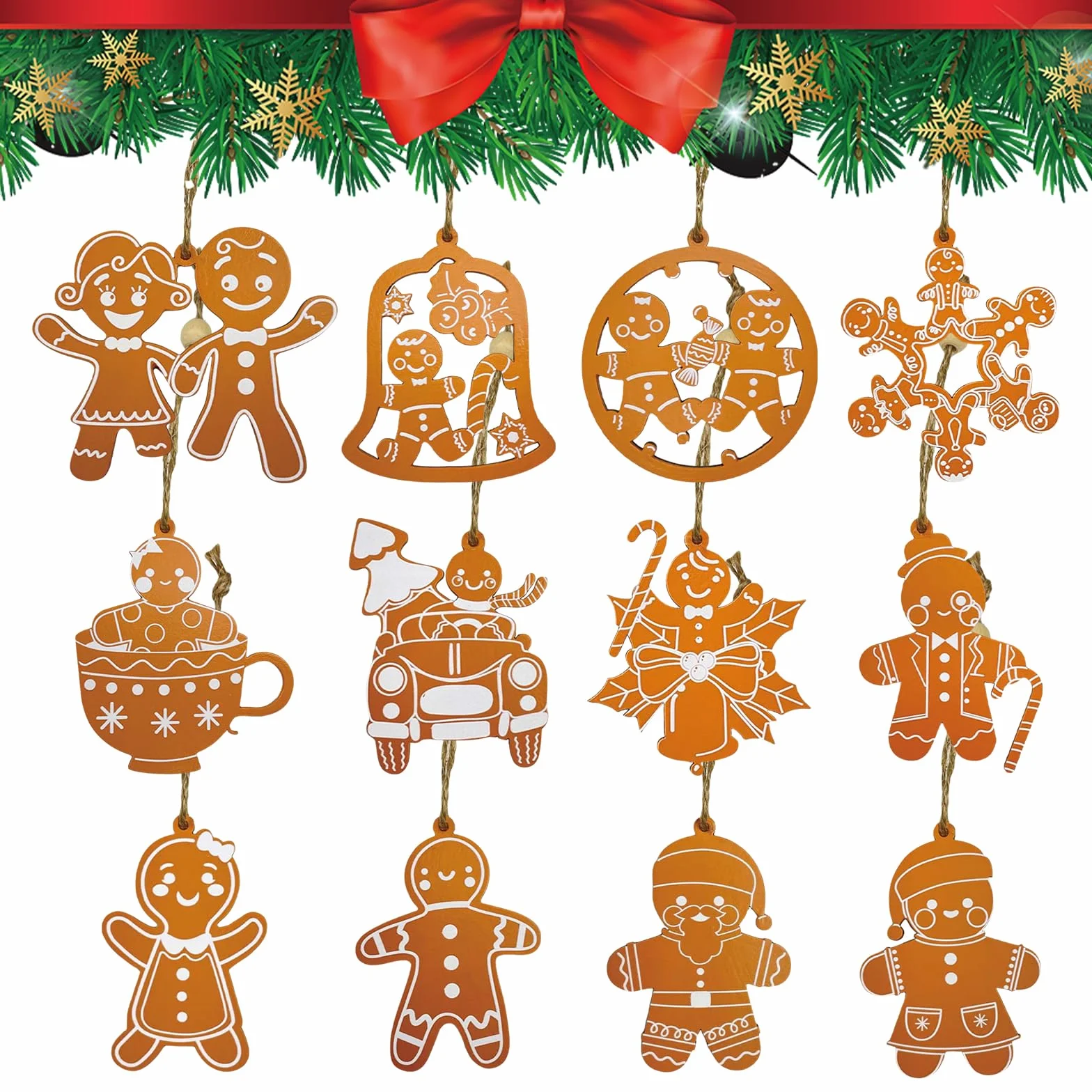 Świąteczne drewniane ornamenty, 12 sztuk, świąteczny krasnal wiszący drewniany ornament z liną, rękodzieło bożonarodzeniowe, różne style, wiszące dekoracje na drzewo, artykuły świąteczne, zawieszka