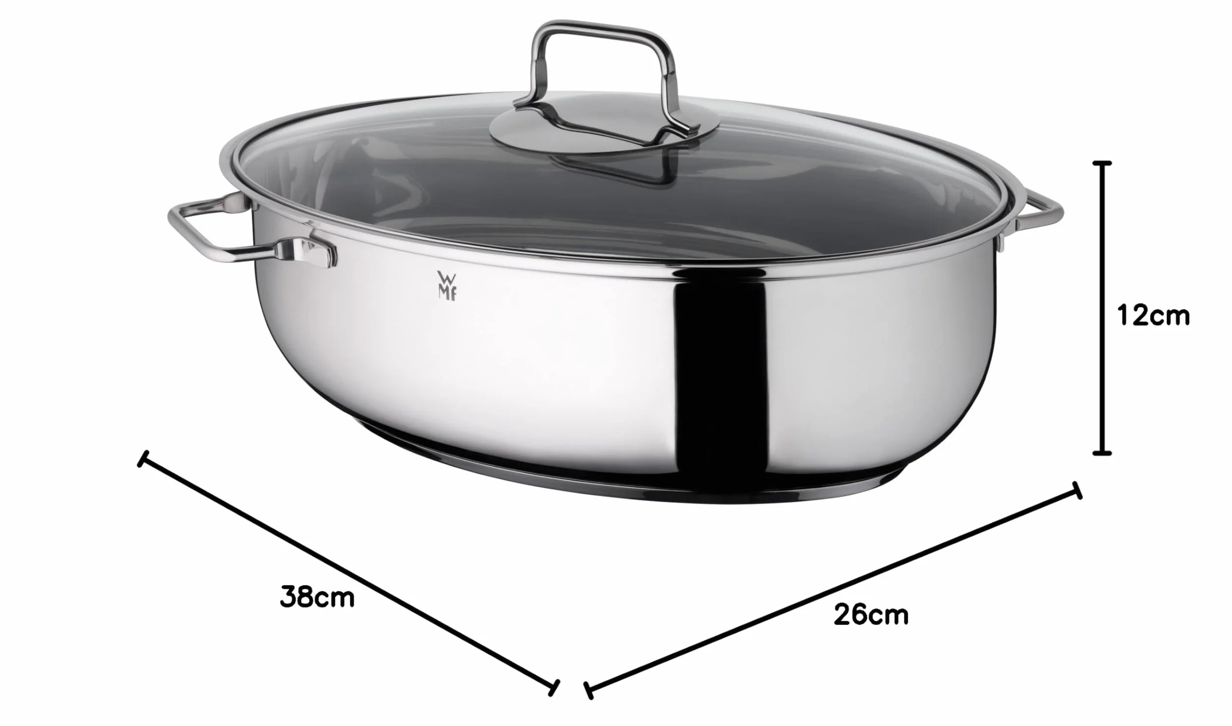 WMF Oval Roasting Dish with Thermometer, Glass Lid, Cromargan Stainless Steel, Induction, Dishwasher-Safe, 38 x 26 x 12 cm, 7.8 L