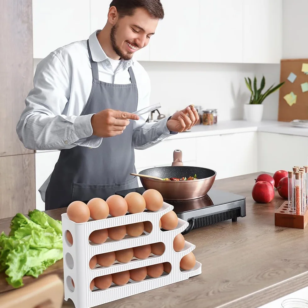 Uchwyt na jajka organizer lodówki, automatyczne toczenie oszczędzające miejsce przechowywanie jajek, uchwyt na jajka do lodówki, kuchnia - 1 sztuka, Egg Holder