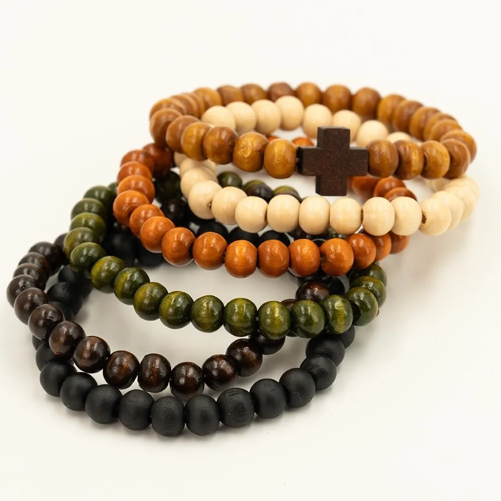 Zestaw 6 bransoletek z koralików drewnianych Stack, Cross Bangle - Bransoletki z koralików dla kobiet i mężczyzn, 8 mm okrągłe, elastyczne bransoletki z koralików, unisex, do jogi
