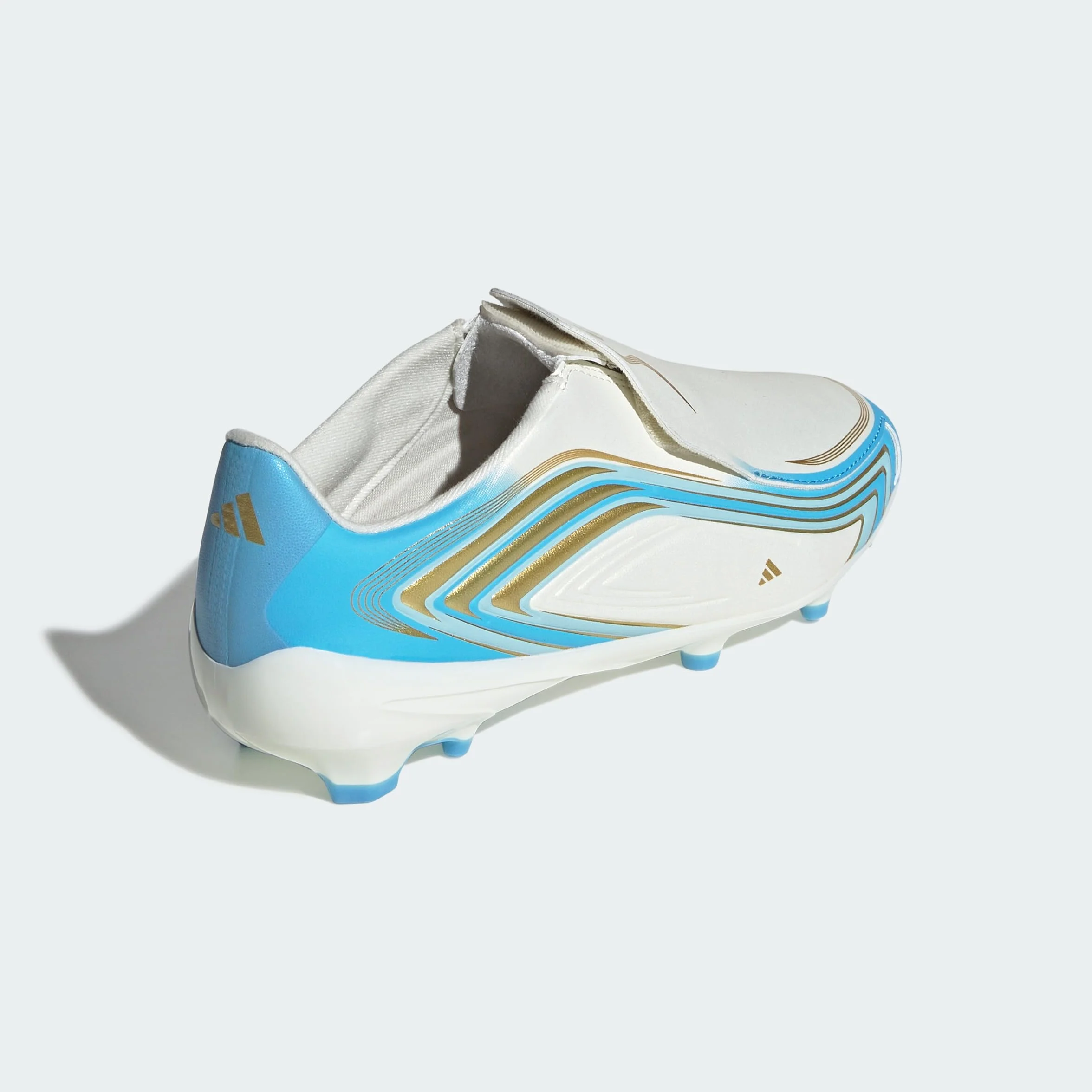 adidas Uniseks - dzieci F50 Messi League Laceless Firm Ground Football Boots Kids Shoes, ivory/semi blue burst/icey blue, 38 2/3 EU