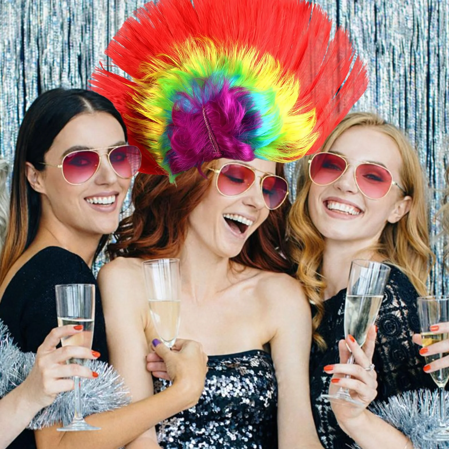 Punk Mohican Wig, śmieszne sztuczki, lata 80-te Rocker śmieszne igi ze okularami przeciwsłonecznymi, Dress up Wigs, Kostium Rocker Fancy Accessories na festiwale muzyczne imprezy specjalne